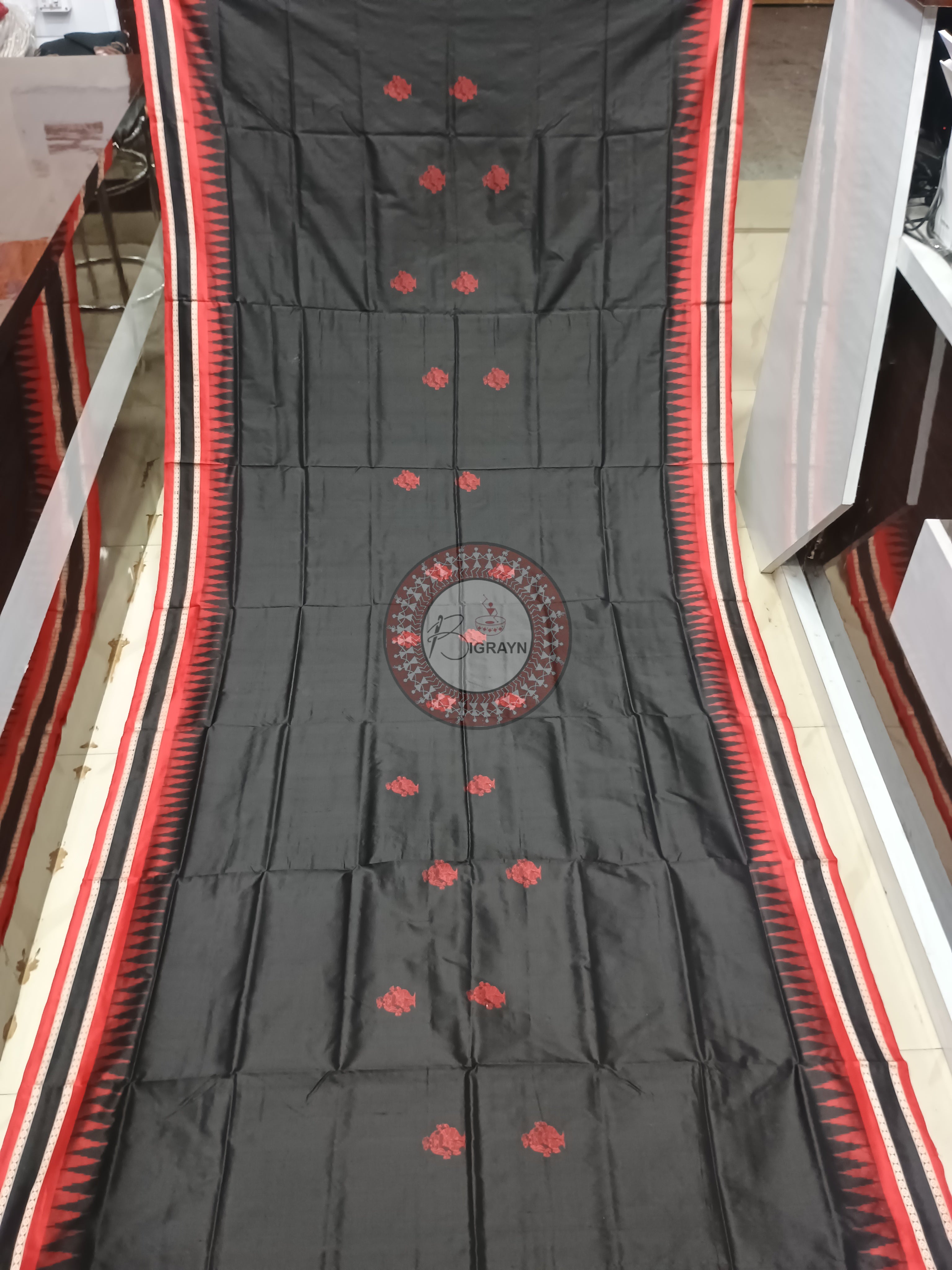 Black Red Natraj Exclusive Bomkai Silk Saree