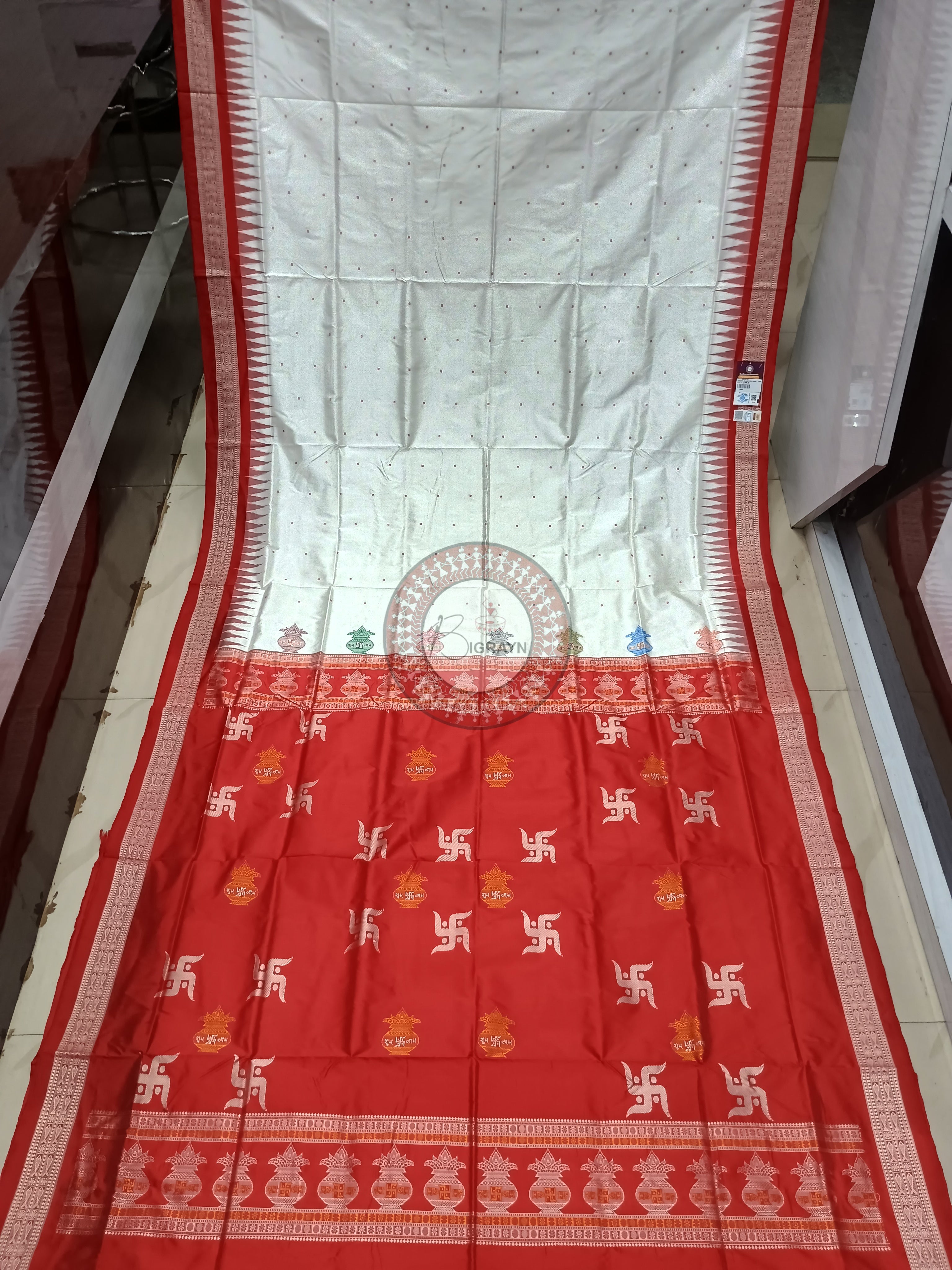 White Red Swastik Kalash Silk Saree