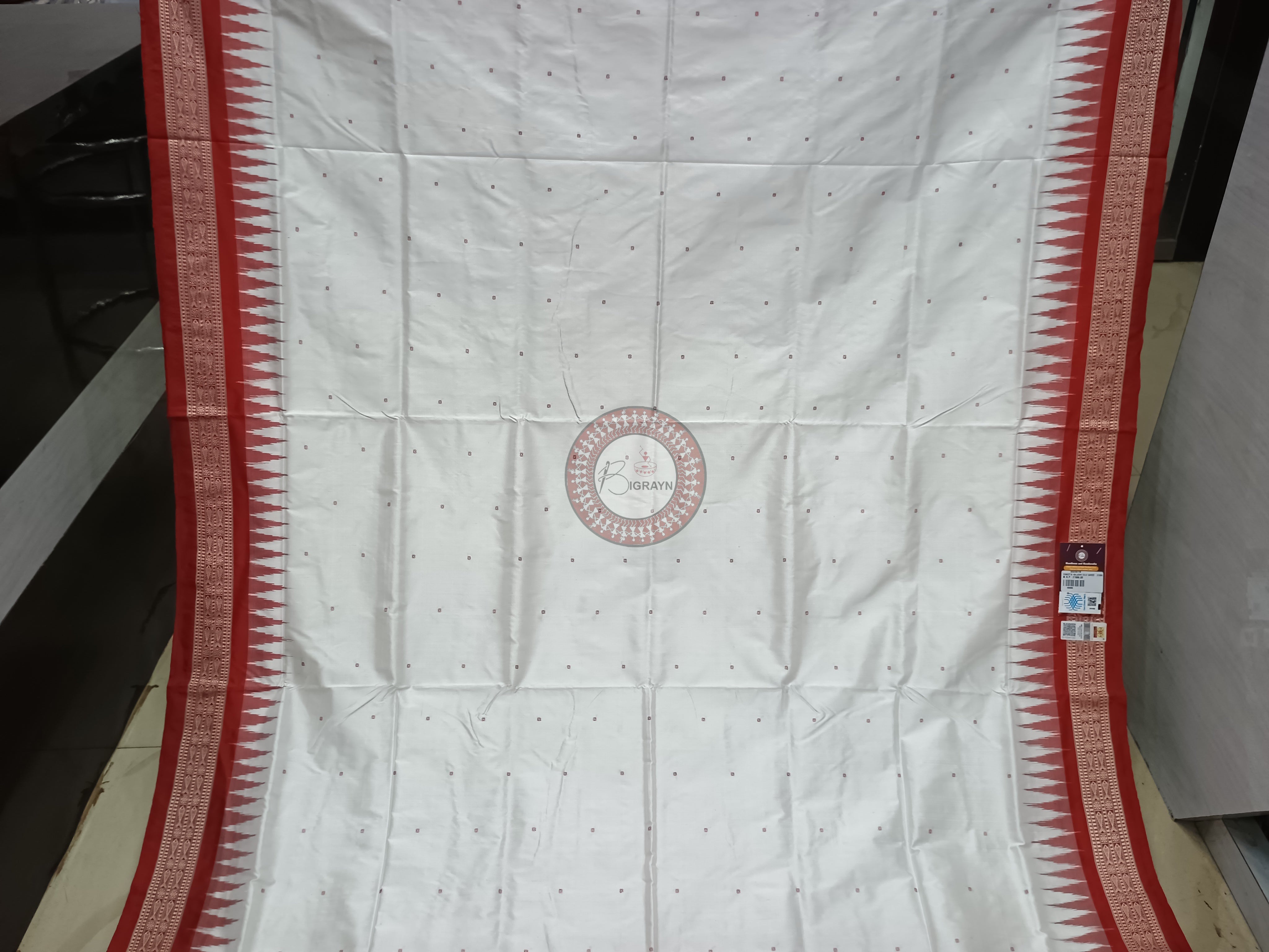 White Red Swastik Kalash Silk Saree