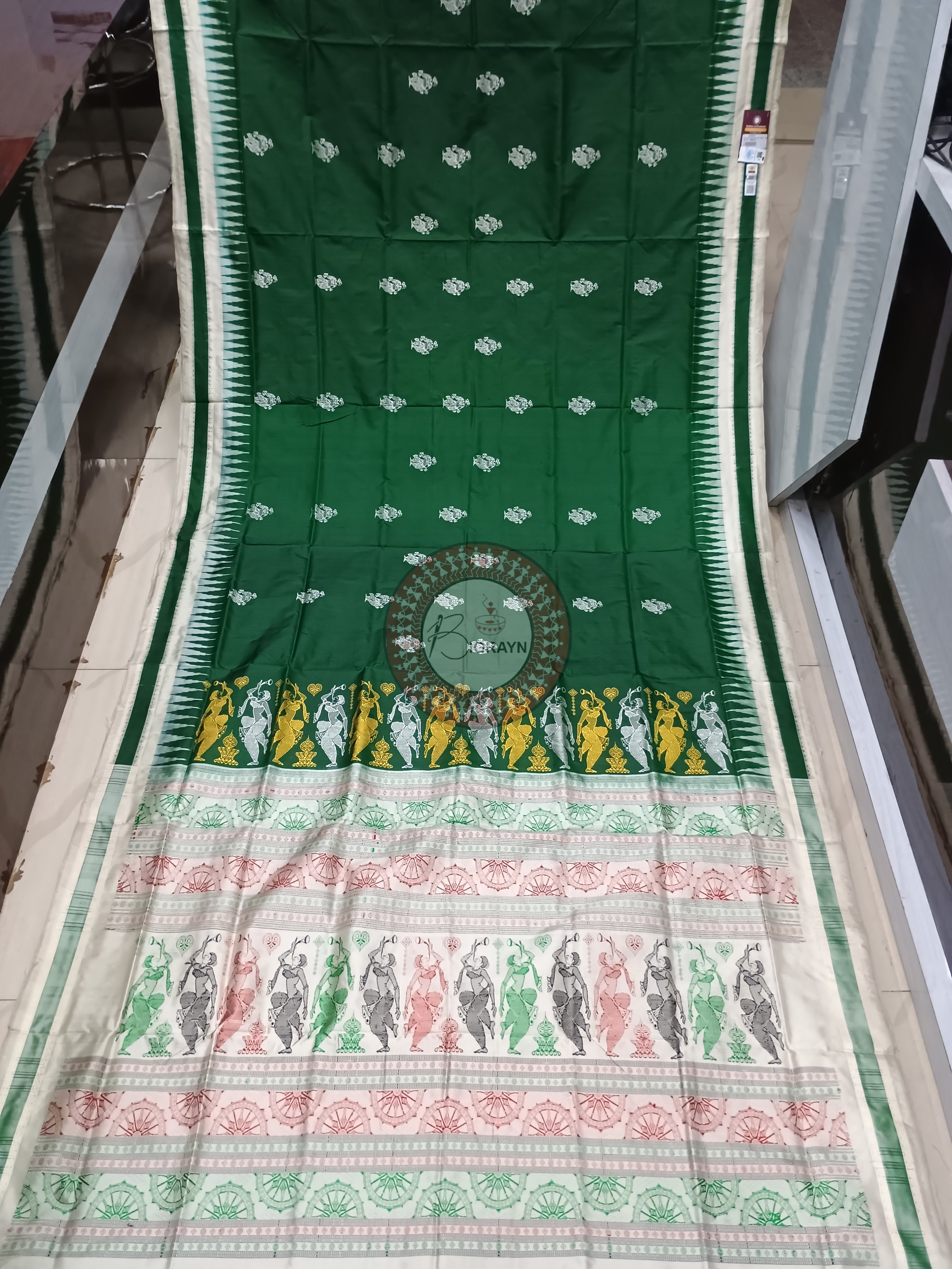 Buttle Green White Natraj Exclusive Bomkai Silk Saree