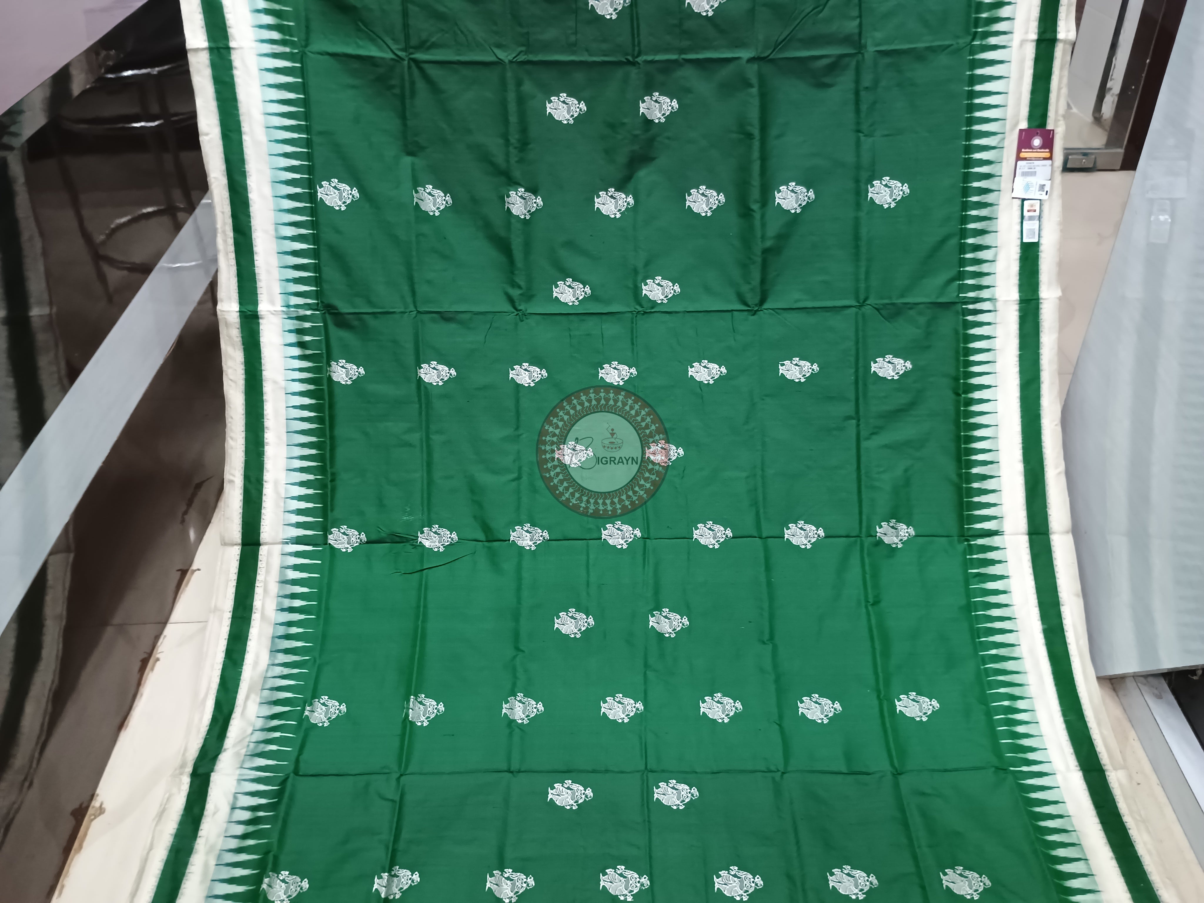 Buttle Green White Natraj Exclusive Bomkai Silk Saree