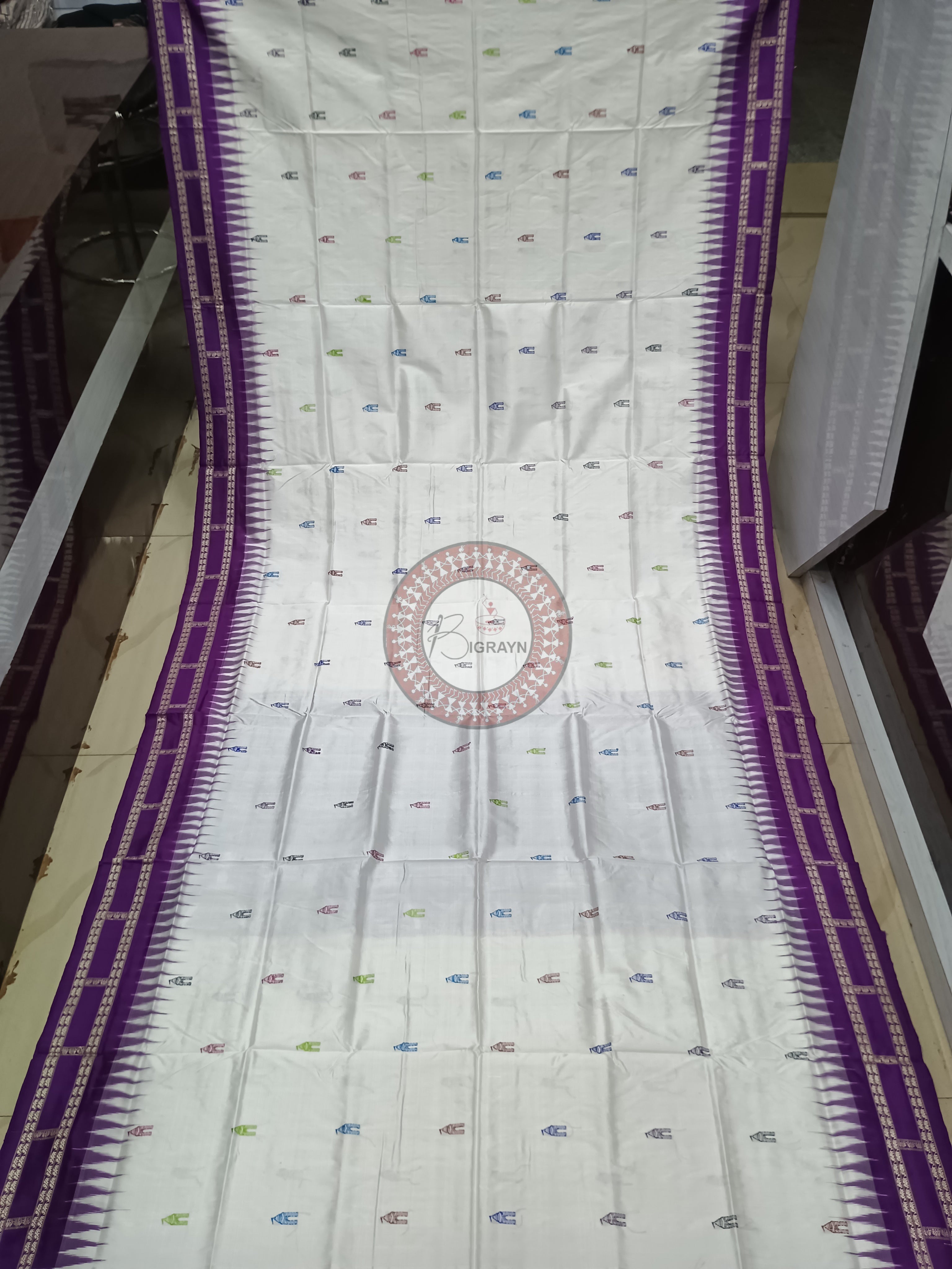White Purple Sri Mandir Sambalpuri Silk Saree