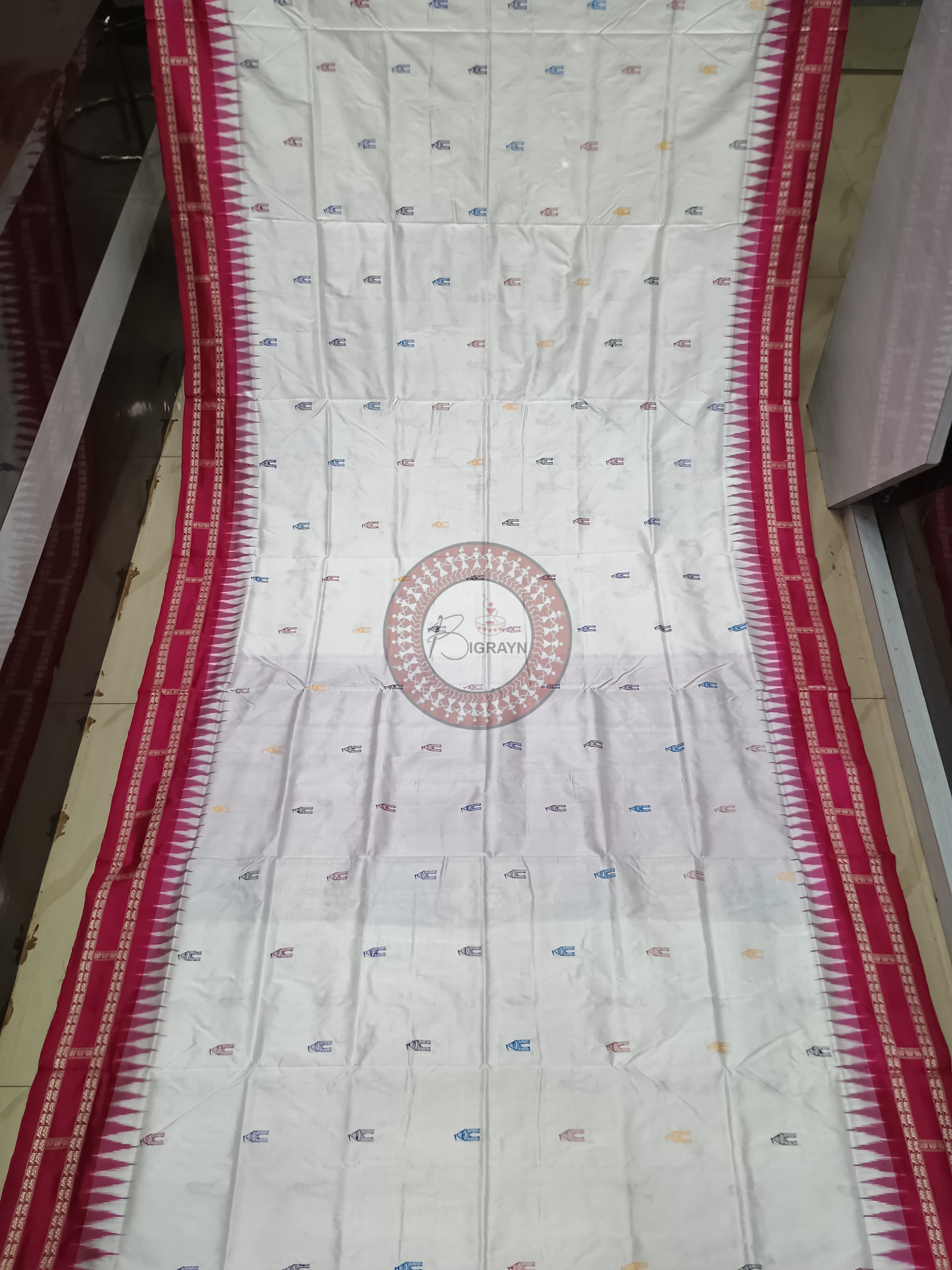 White Magenta Sri Mandir Sambalpuri Silk Saree