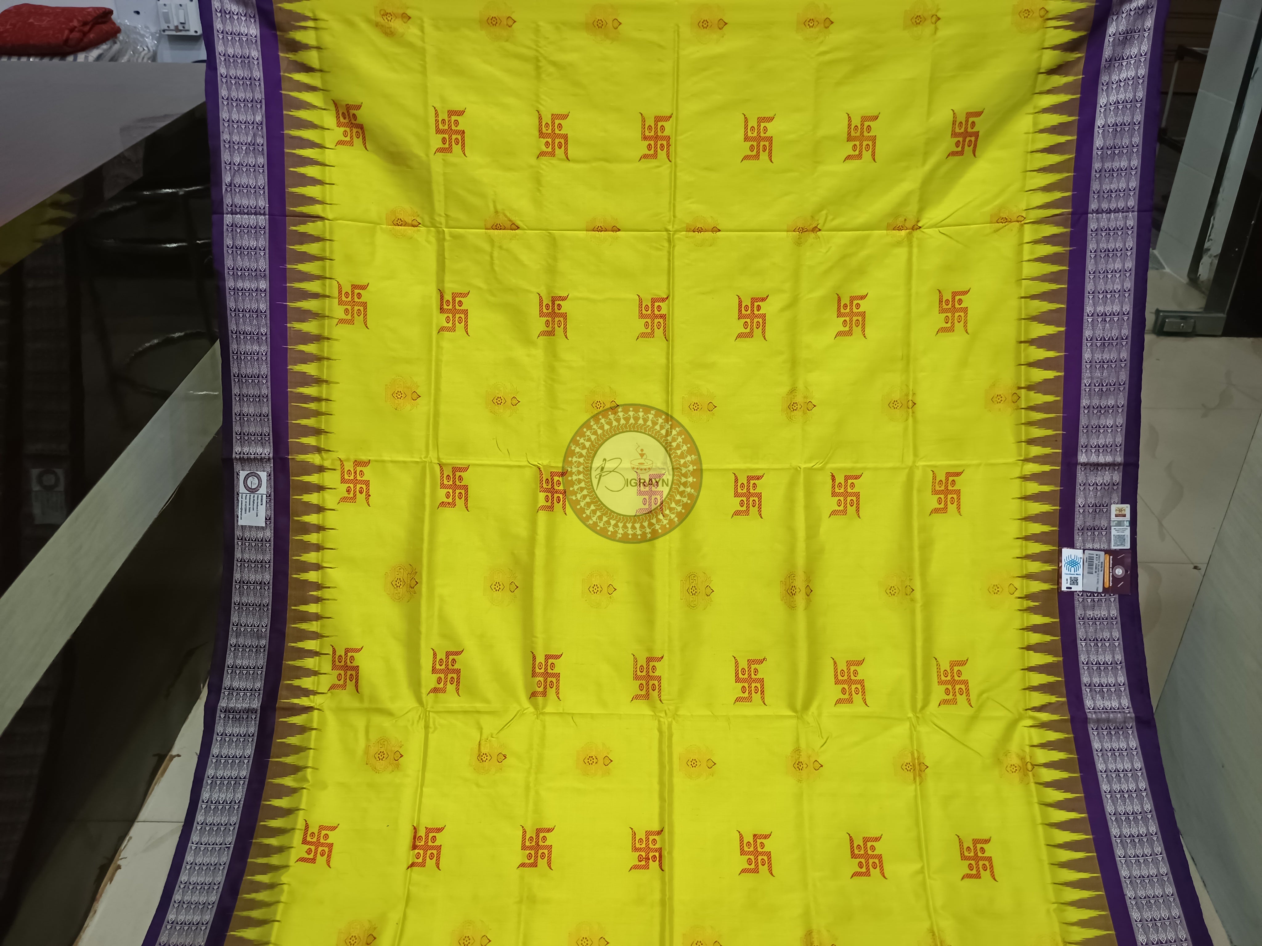 Lemon Yellow Purple Swastik Kalash Silk Saree