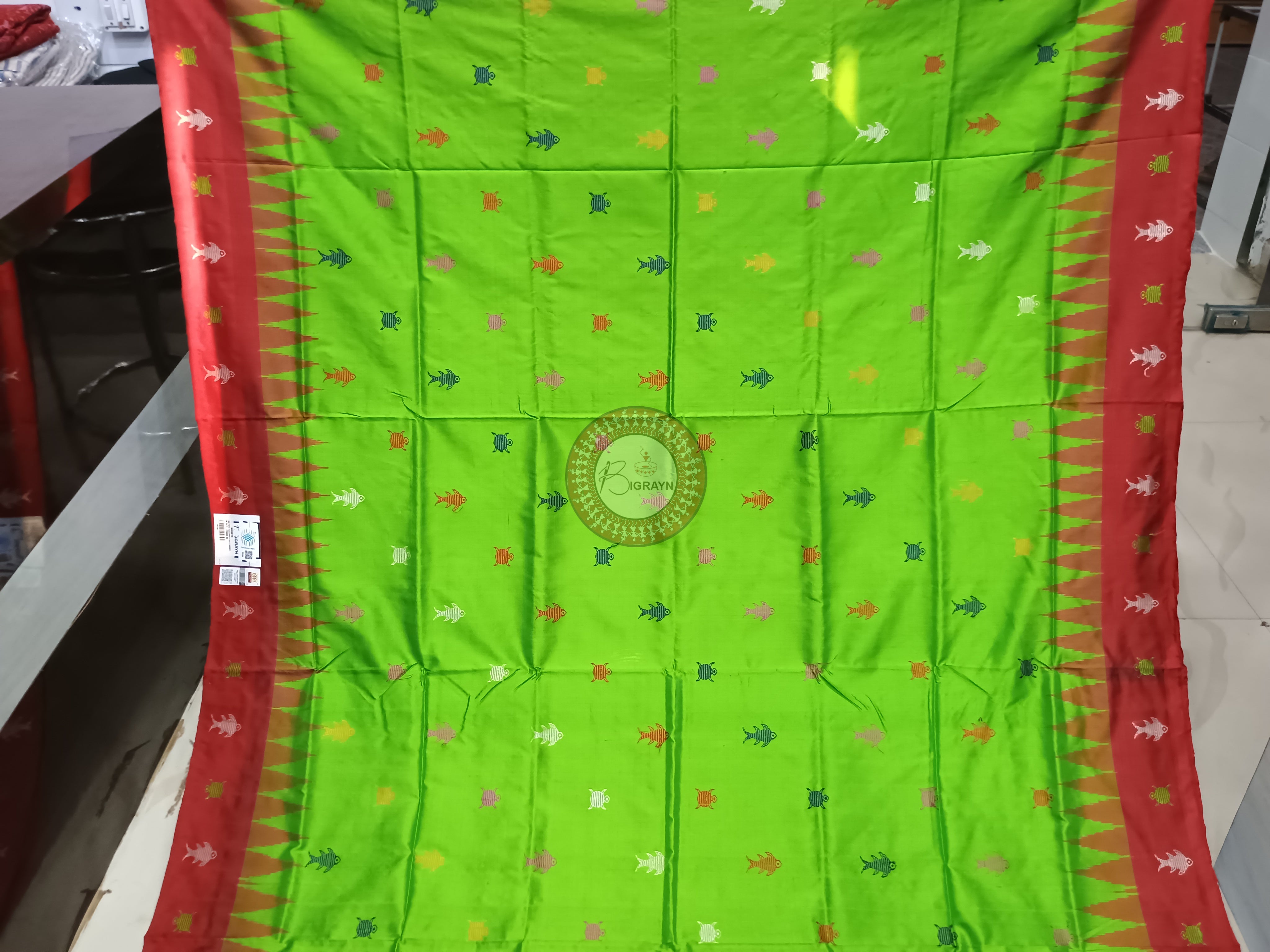 Green Red Mastya Kachhap Bomkai Silk Saree