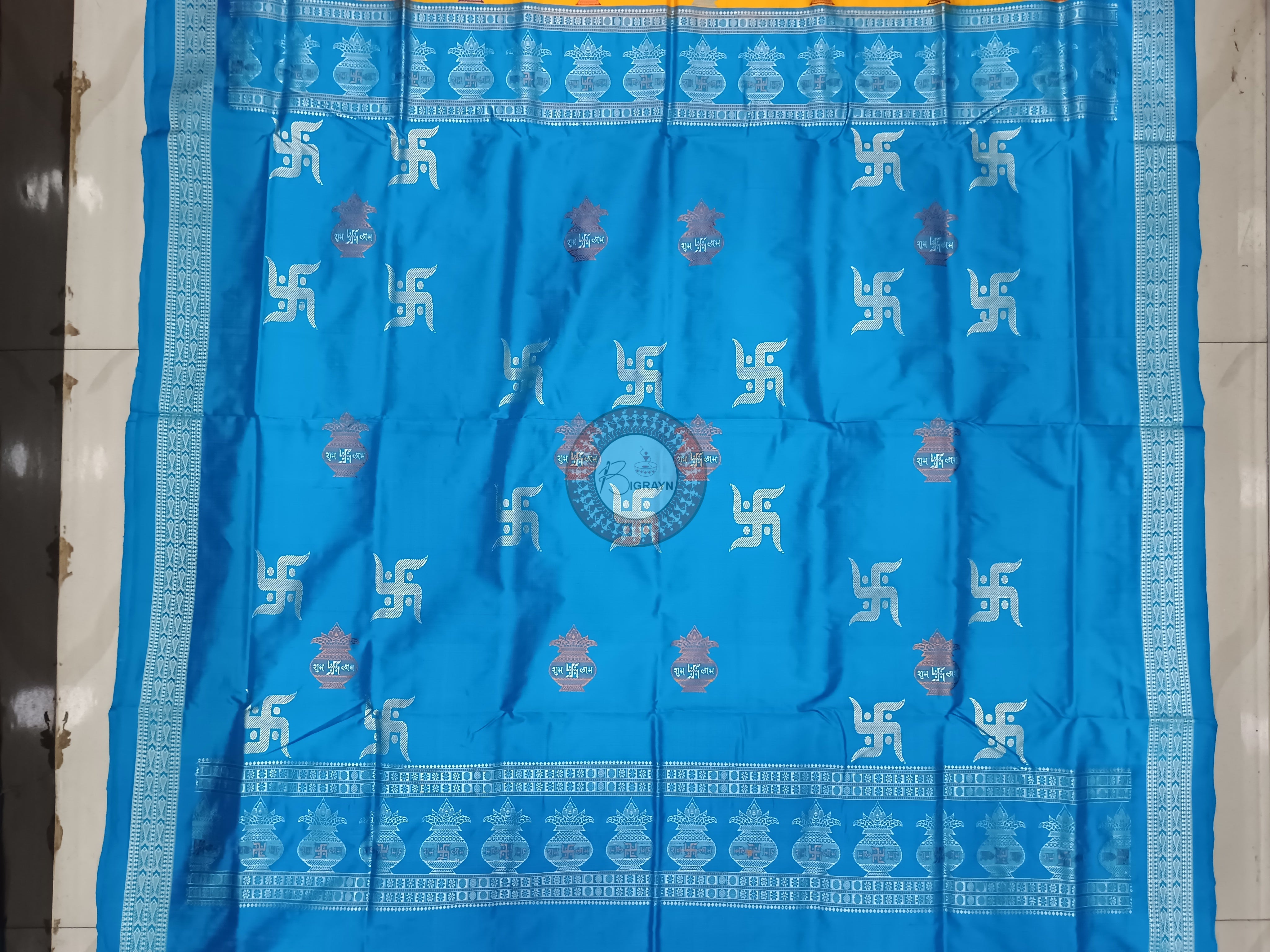 Yellow Copper Sulphate Swastik Kalash Silk Saree
