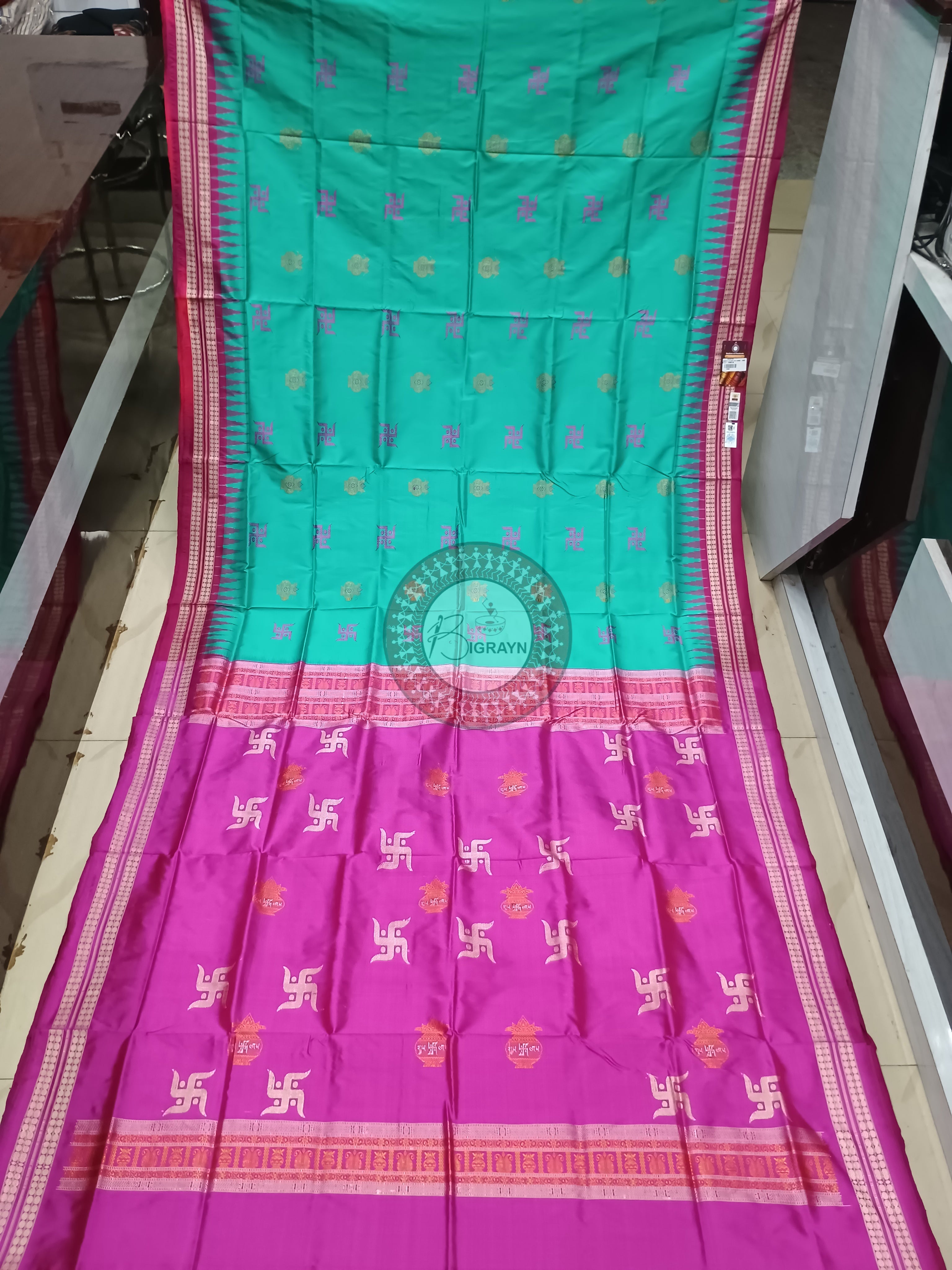 Sea Green Magenta Swastik Kalash Silk Saree