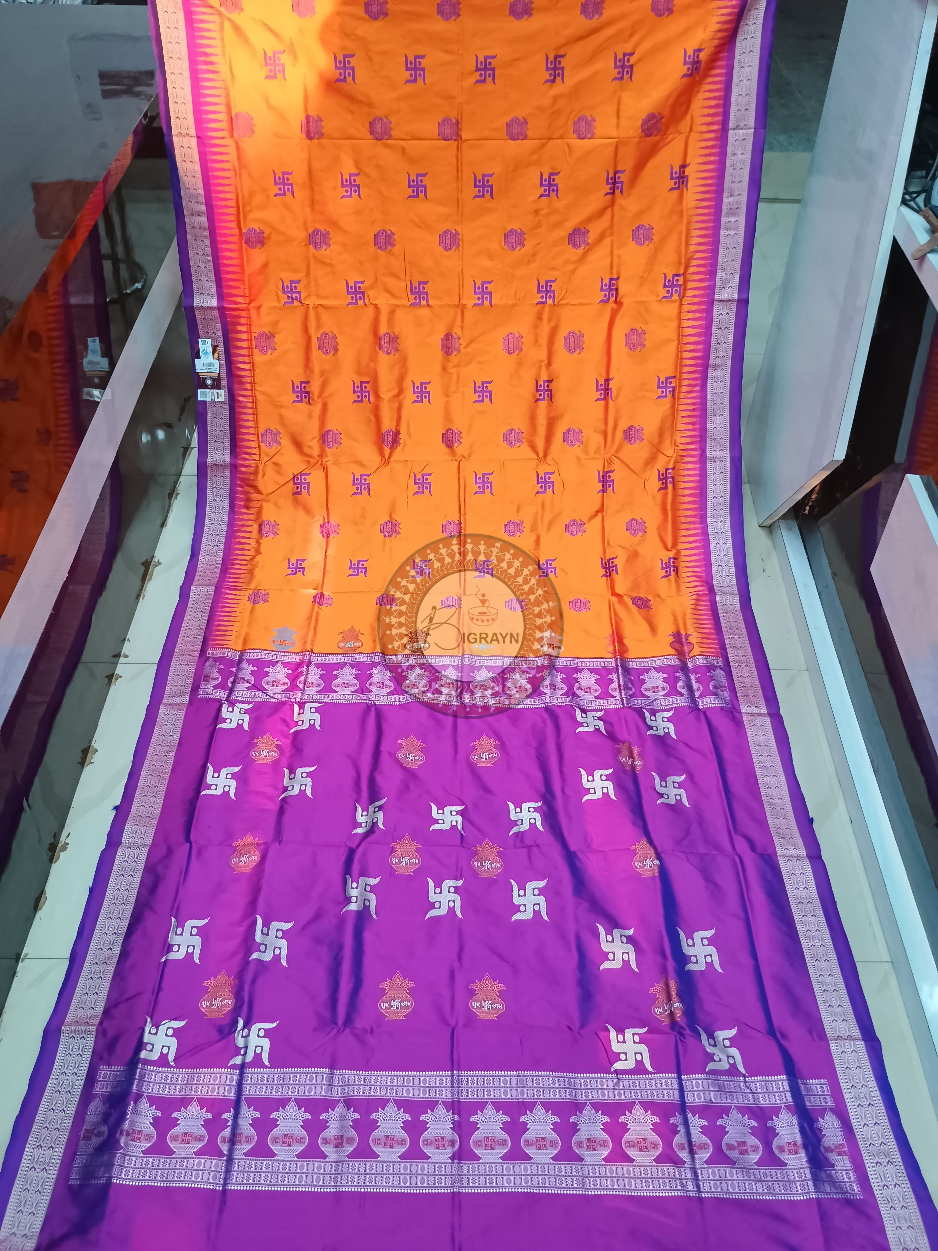 Orange Purple Swastik Kalash Silk Saree