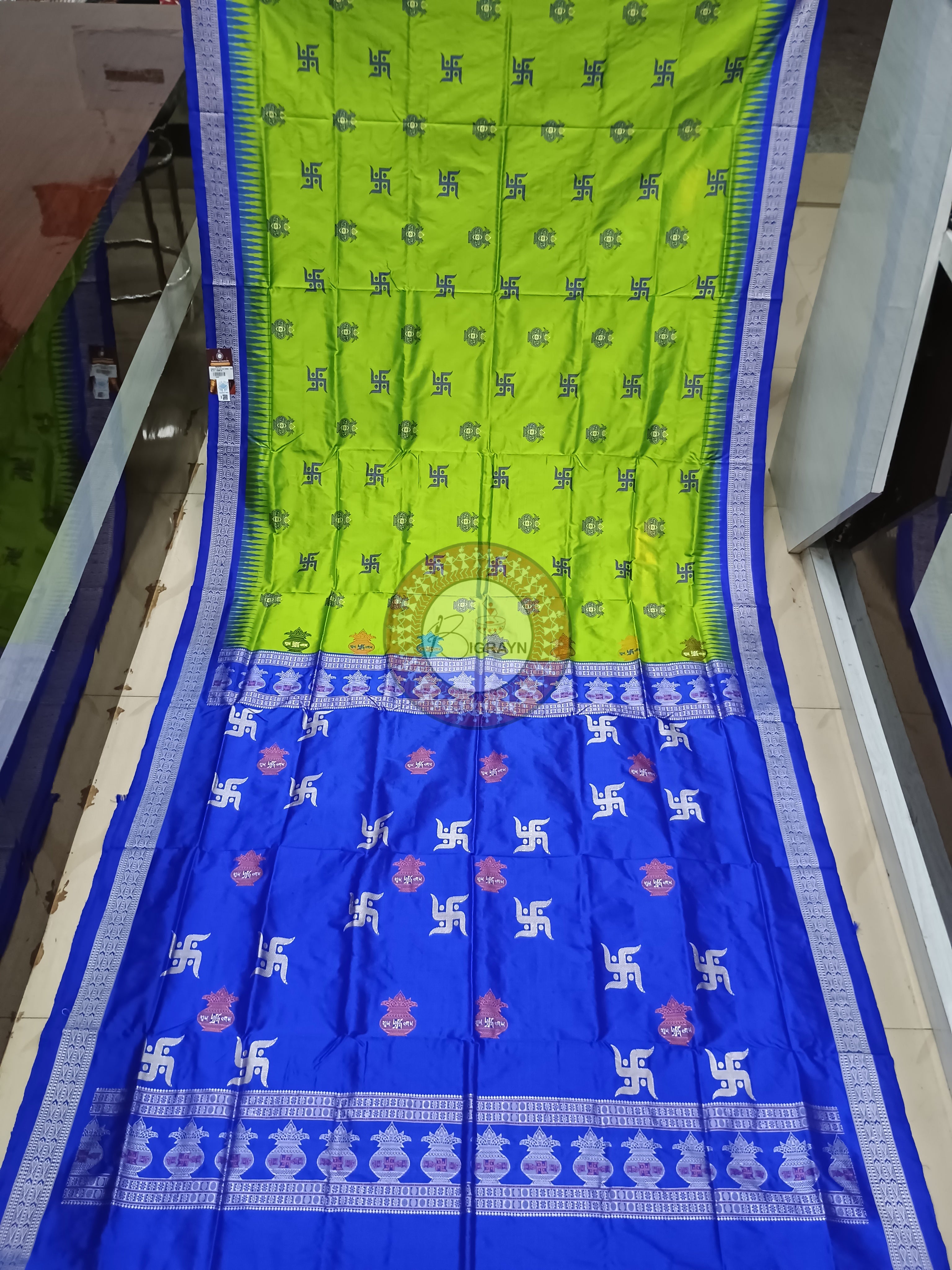 Parrot Green Blue Swastik Kalash Silk Saree