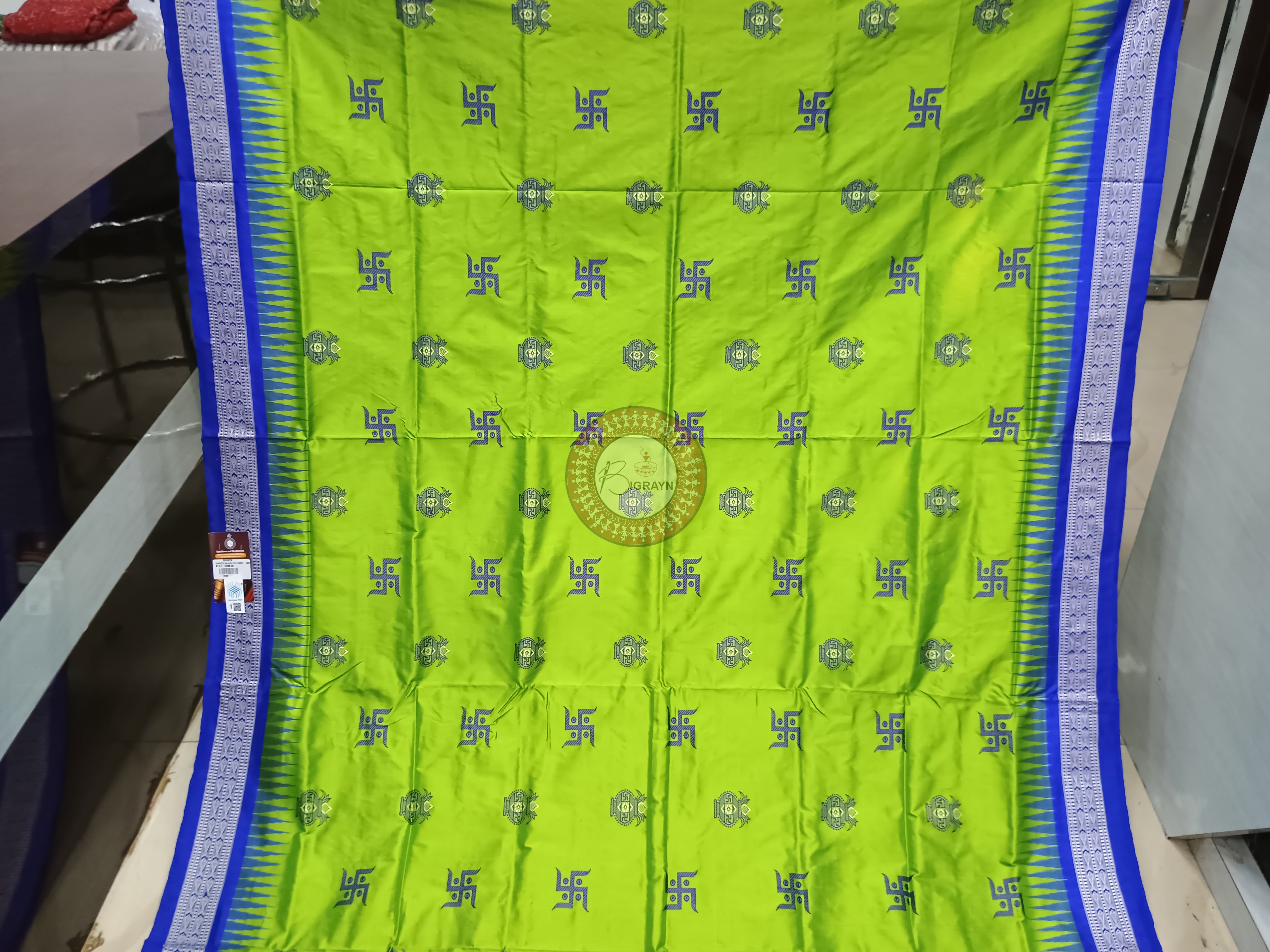 Parrot Green Blue Swastik Kalash Silk Saree