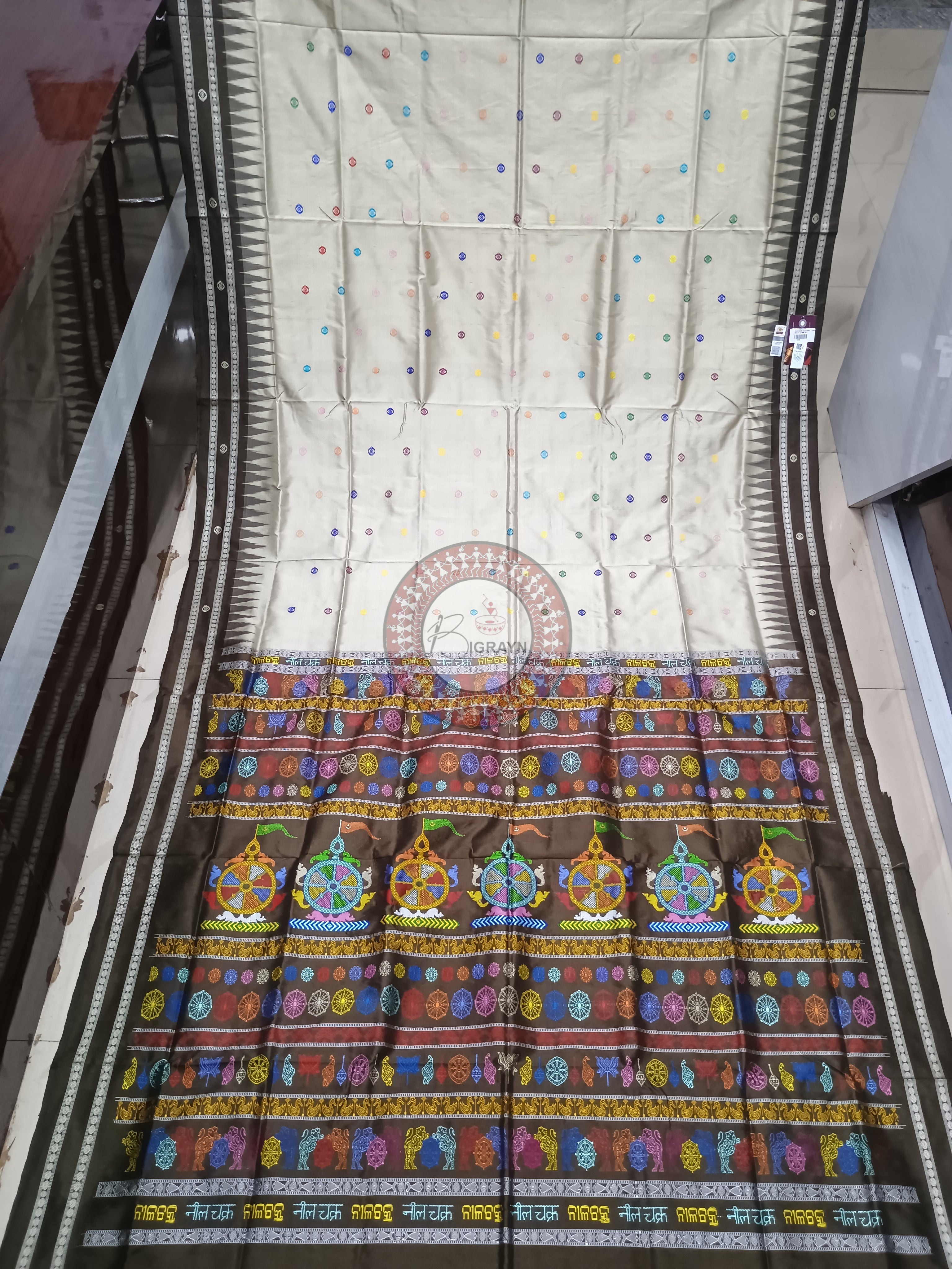 Grey Olive Neela Chakra Sambalpuri Silk Saree
