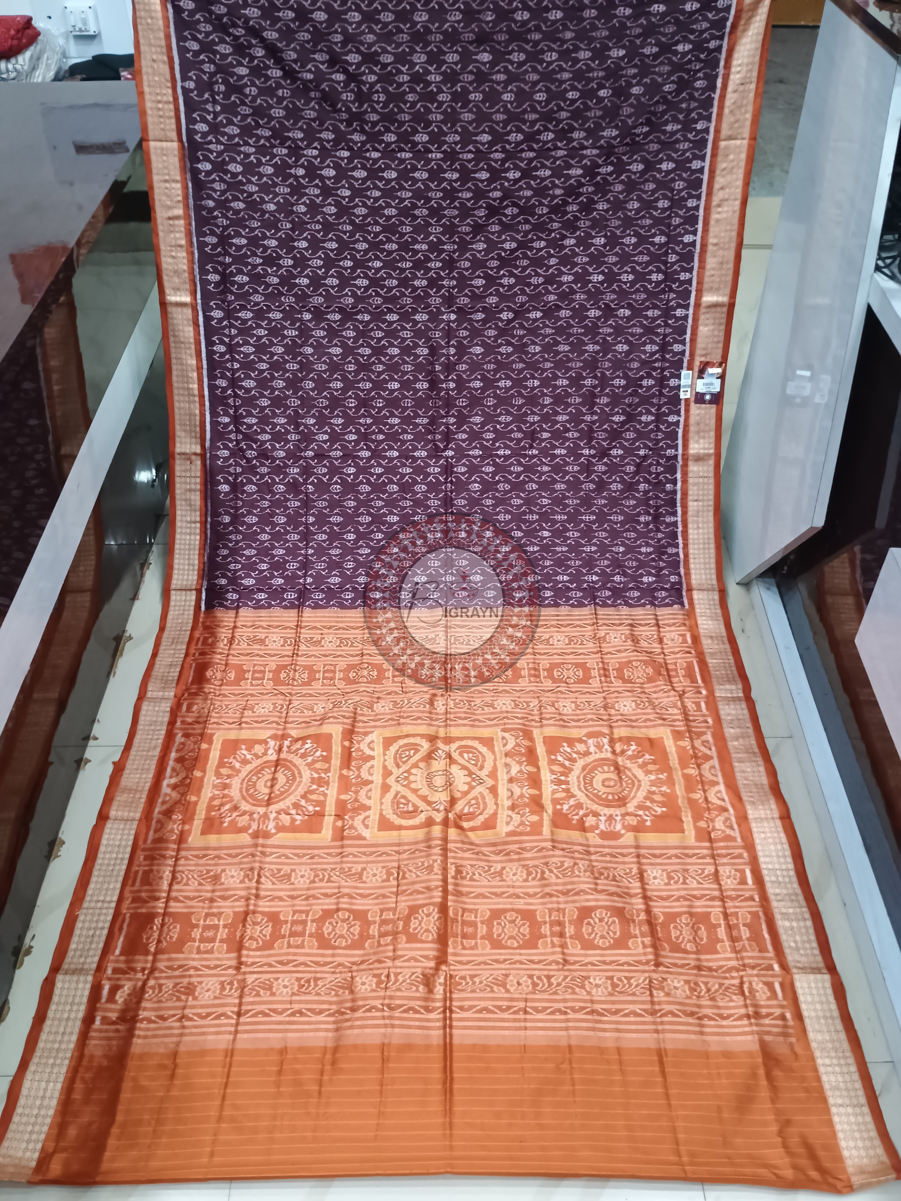Coffee Rust Leaf Design Sambalpuri Silk Saree