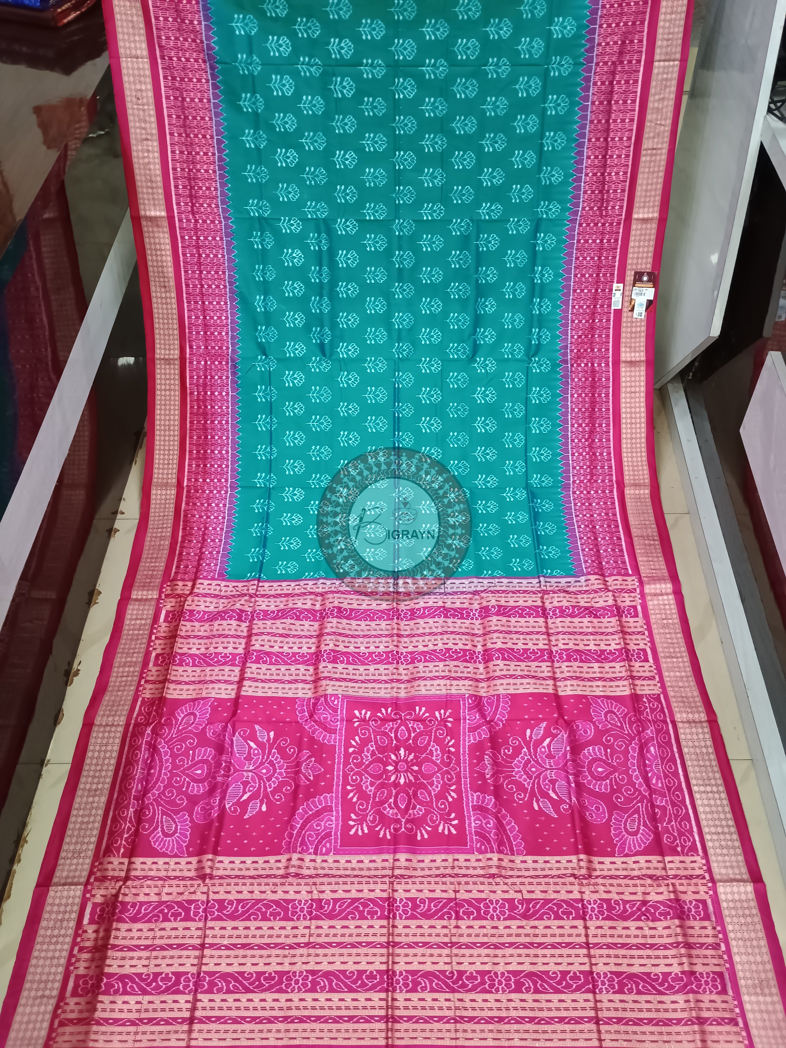 Sea Green Magenta Flower Ek Chandia Sambalpuri Silk Saree