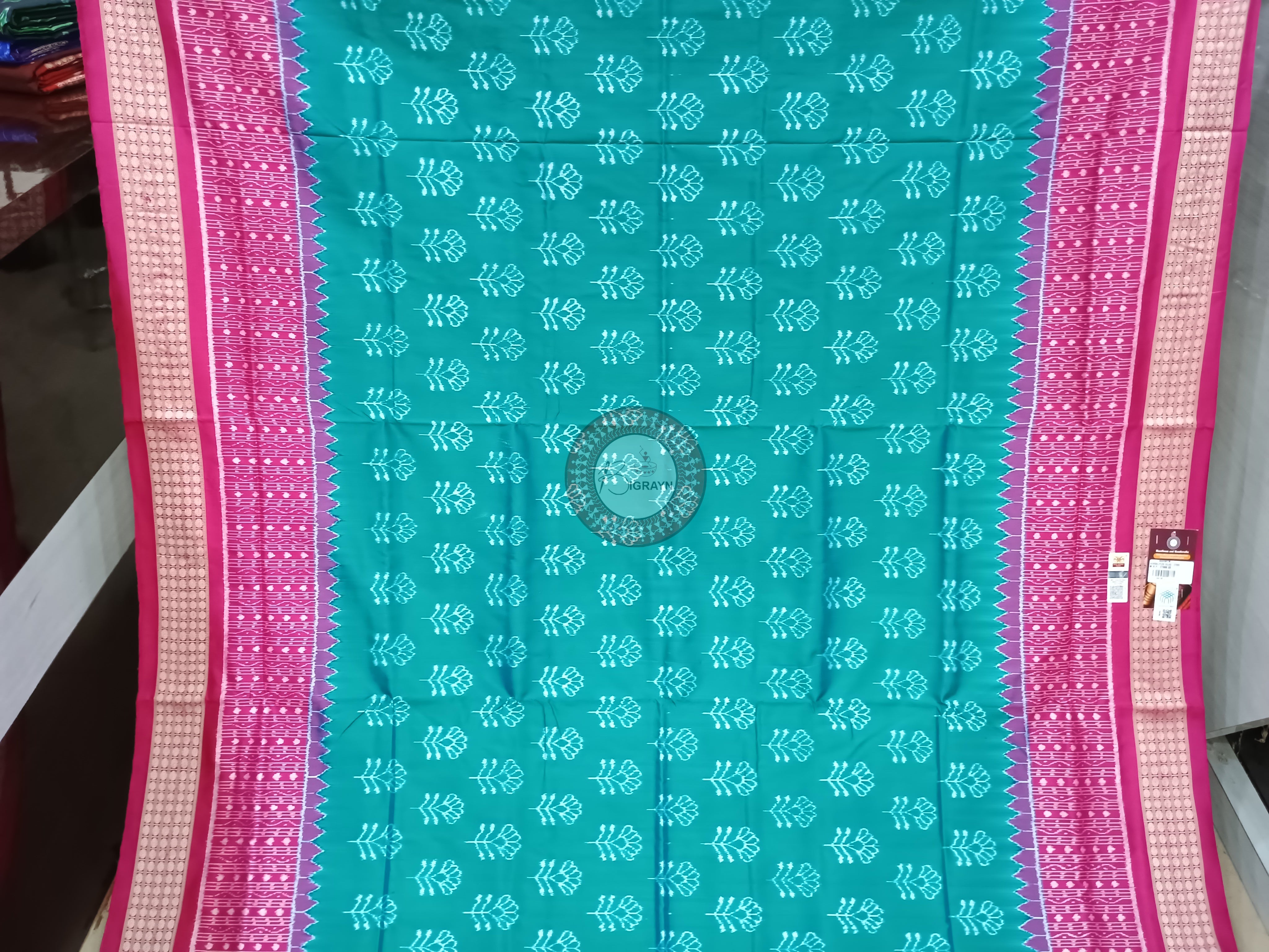 Sea Green Magenta Flower Ek Chandia Sambalpuri Silk Saree