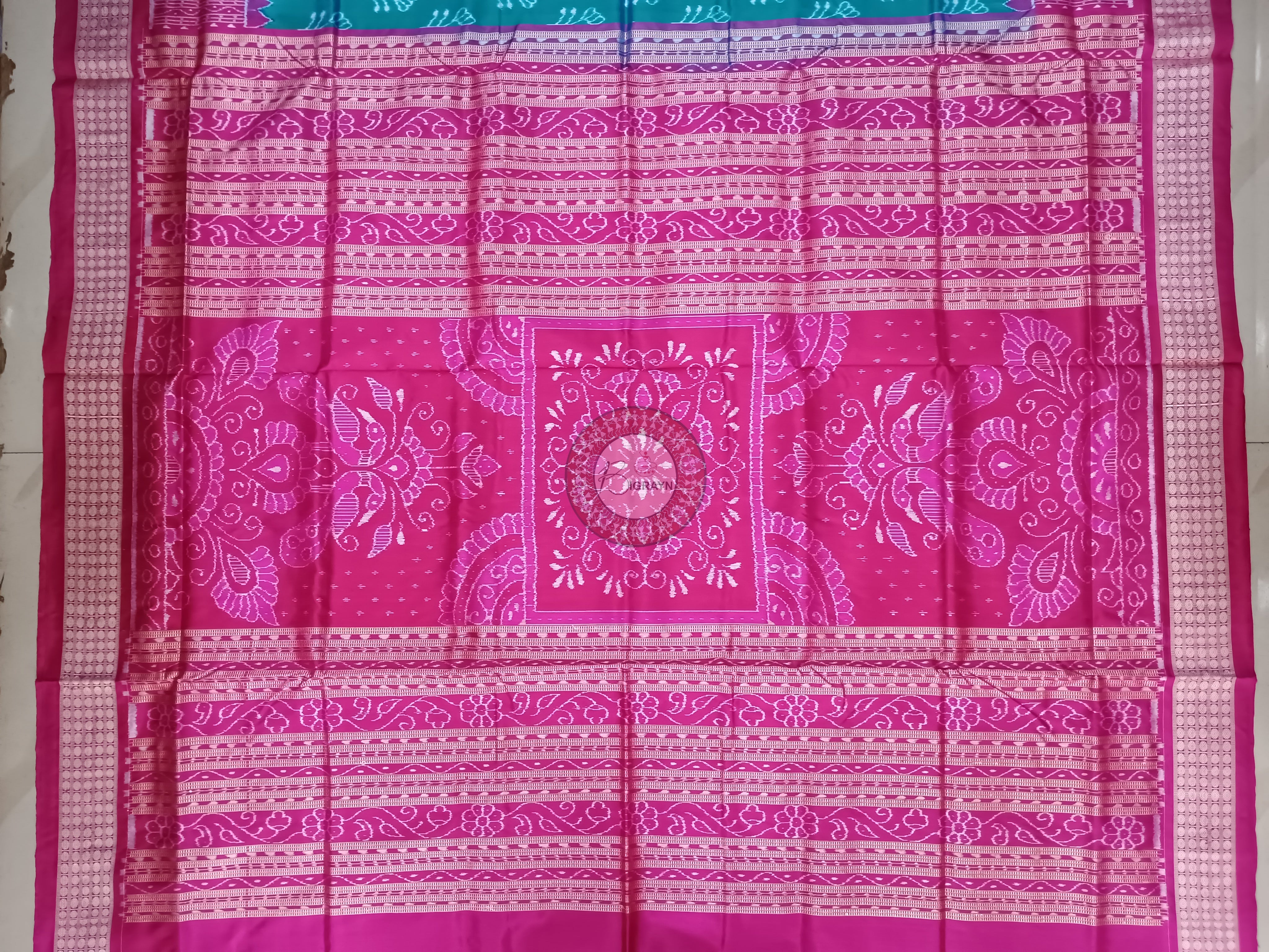 Sea Green Magenta Flower Ek Chandia Sambalpuri Silk Saree