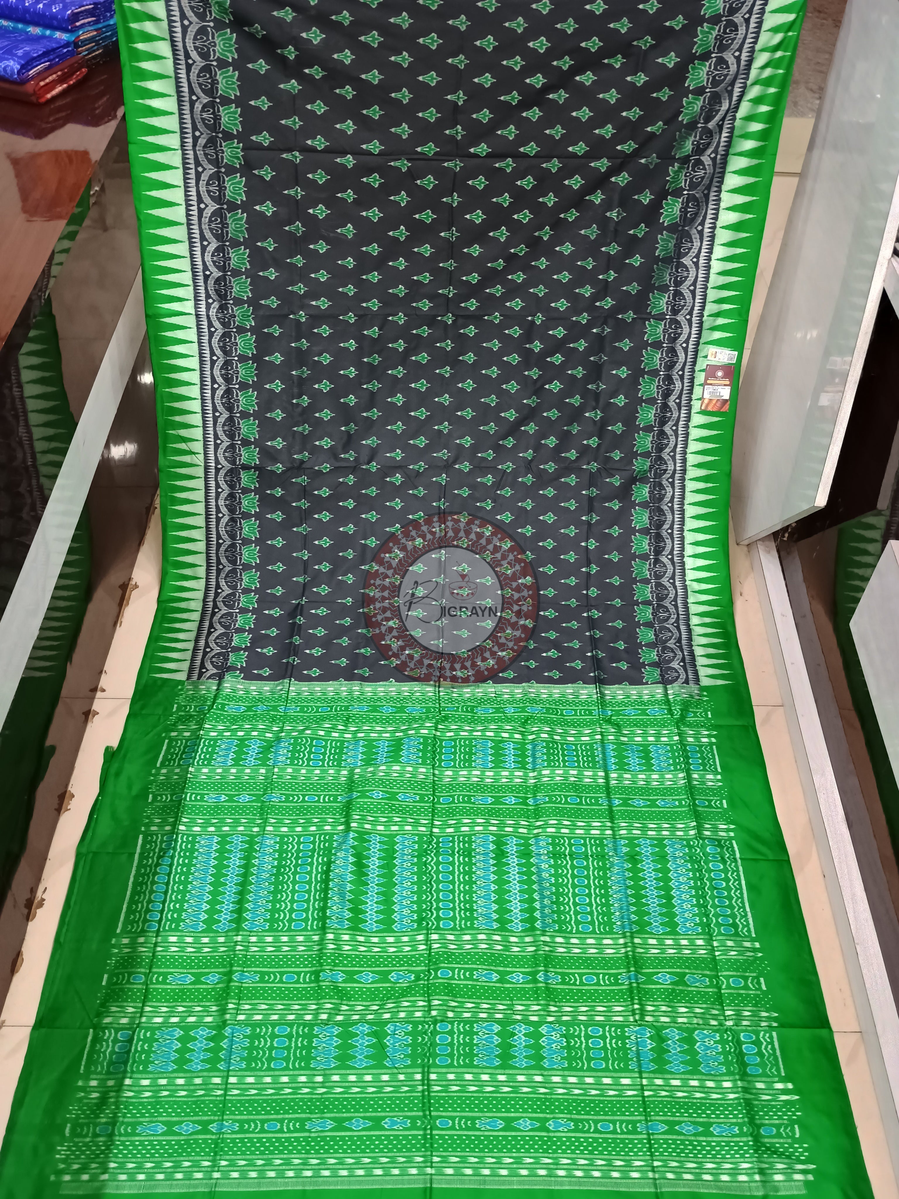 Black Green Flower Ek Chandia Sambalpuri Silk Saree