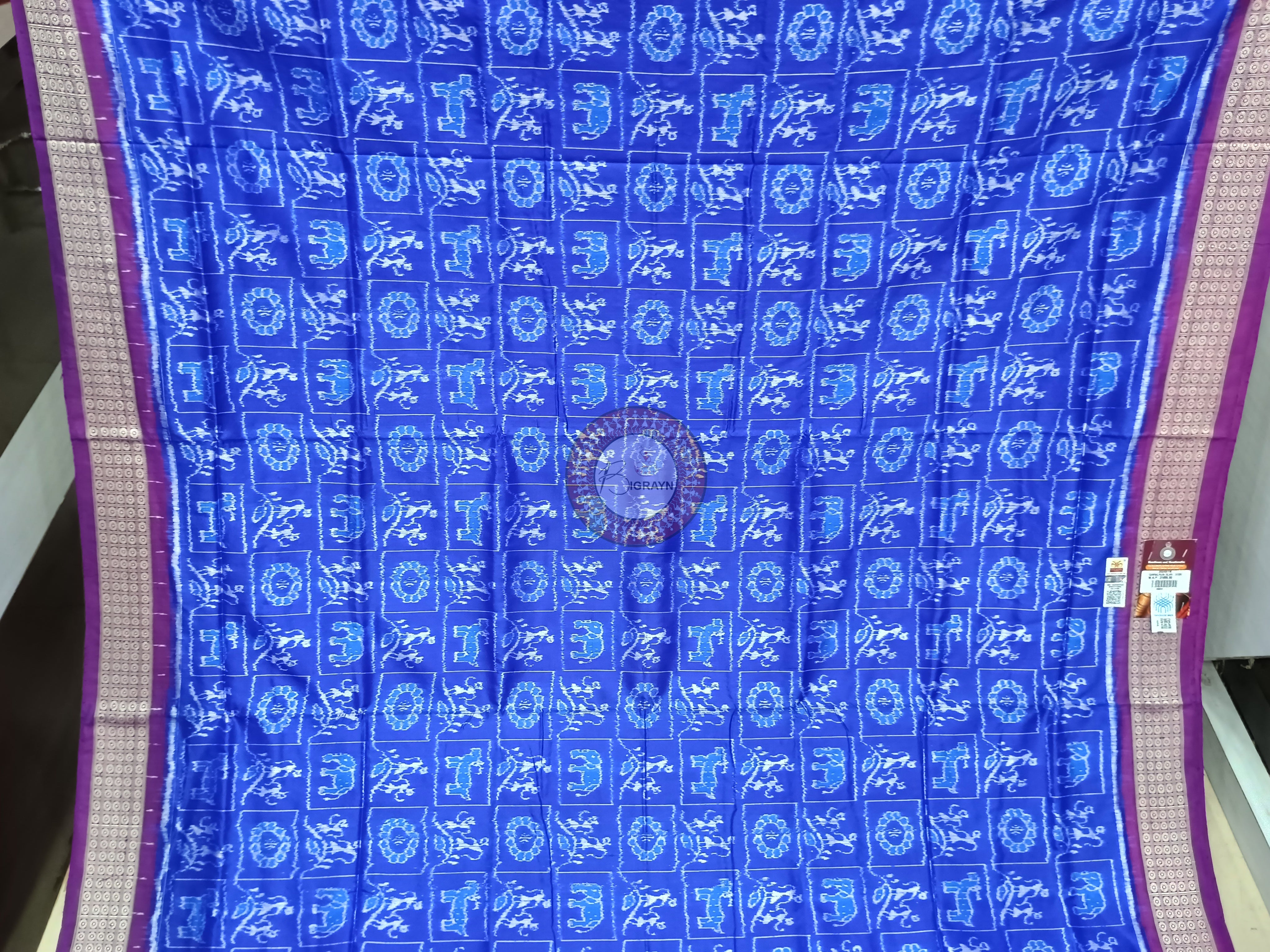 Blue Purple Animal Bandha Sambalpuri Silk Saree