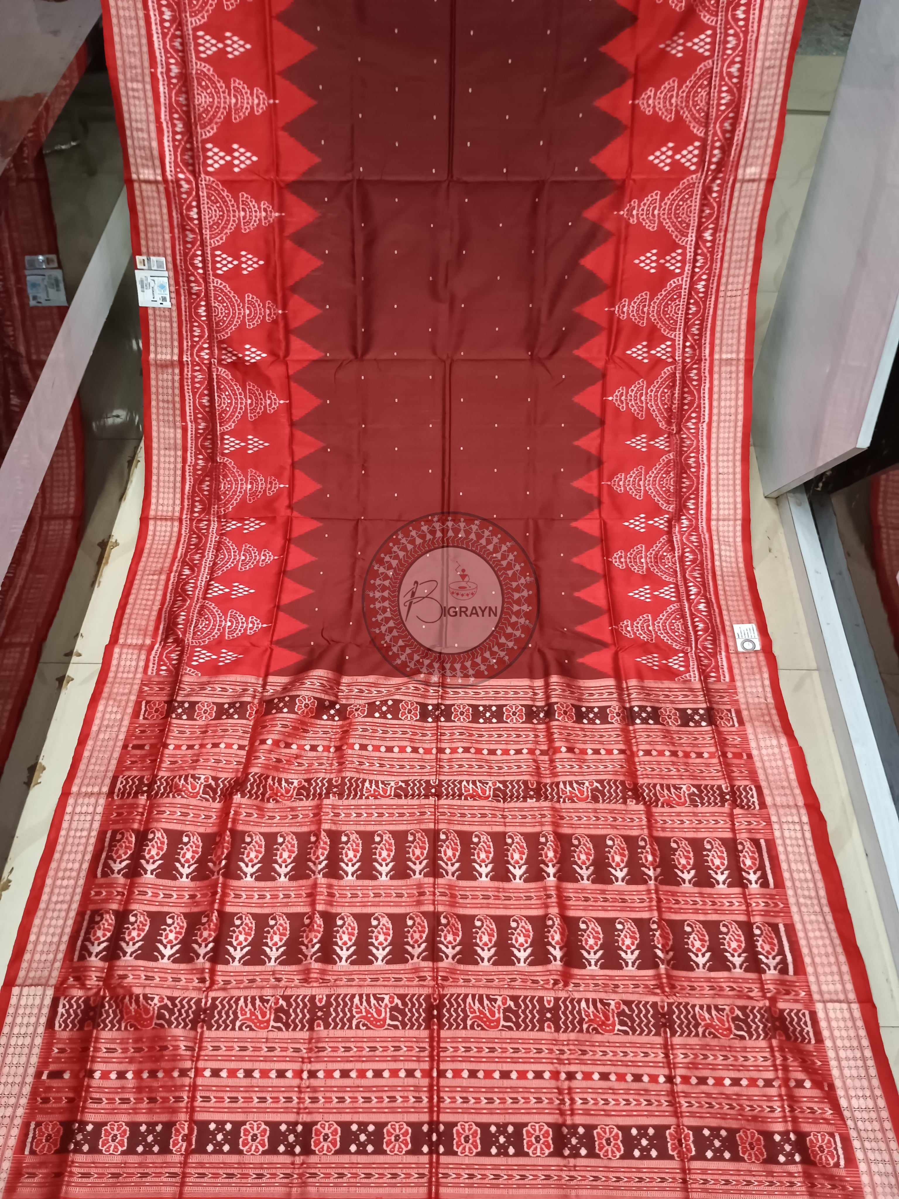Maroon Red Scot Chita Design Sambalpuri Silk Saree