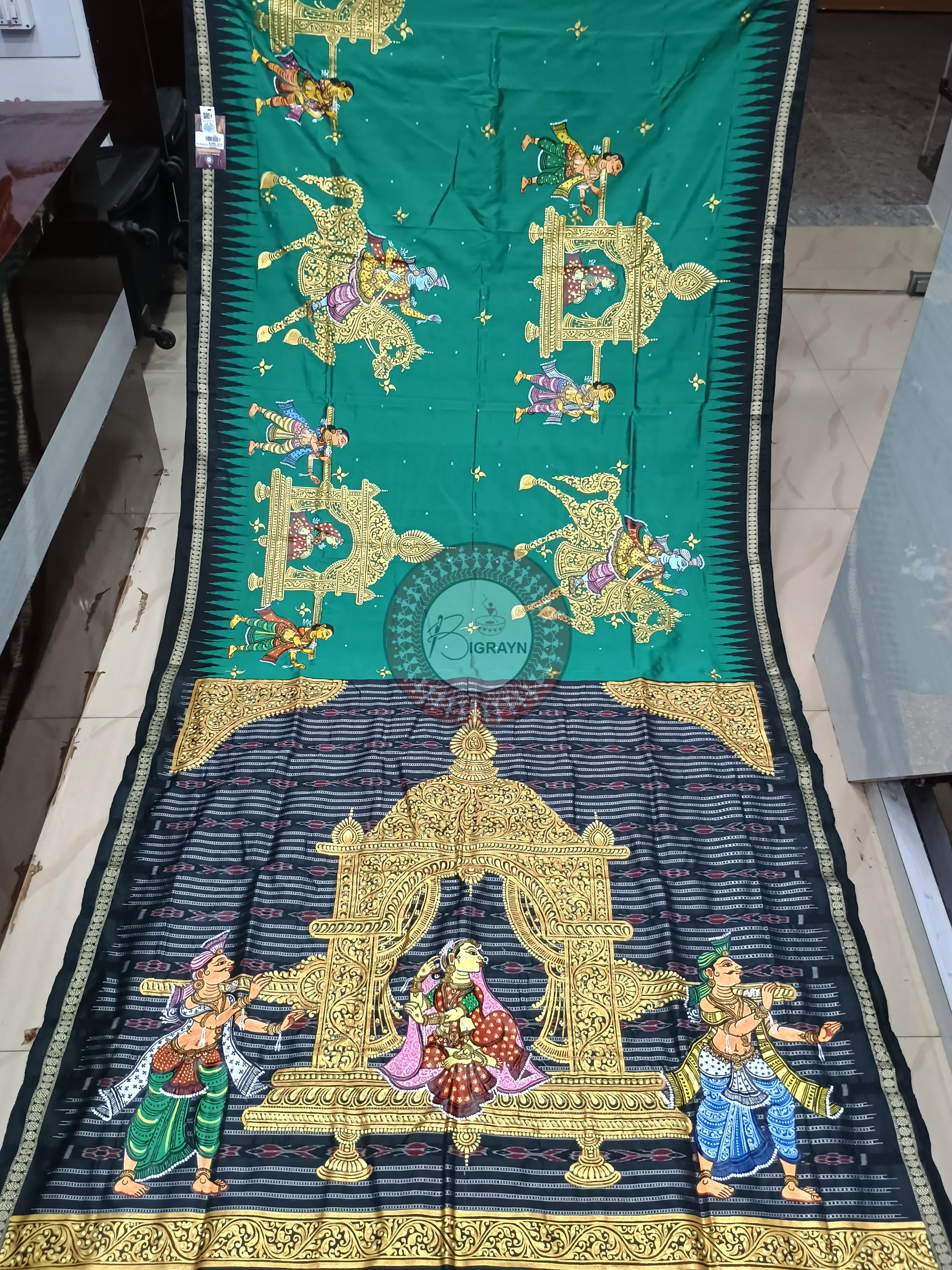 Green Black Marriage Theme Pattachitra Sambalpuri Silk Saree