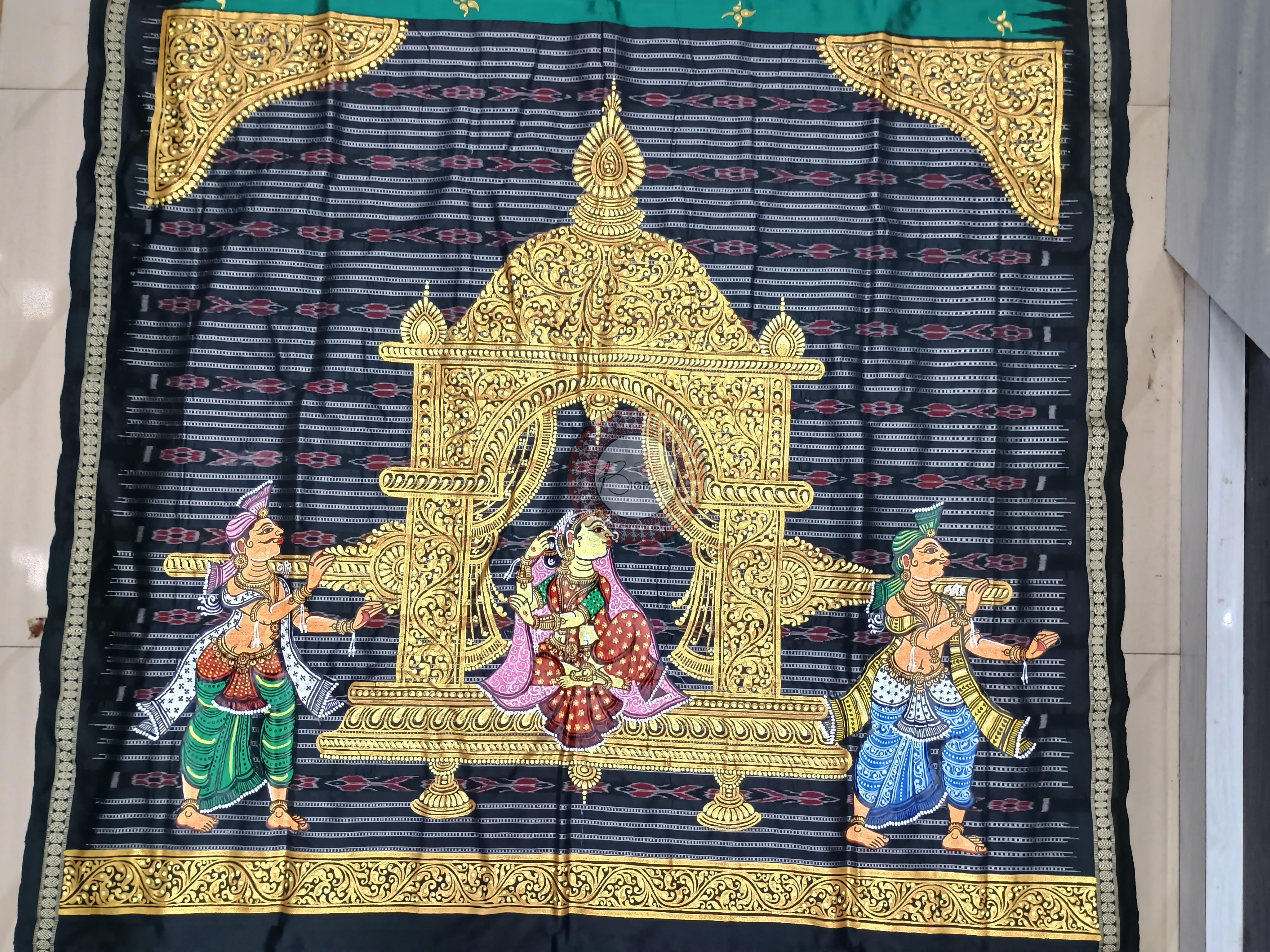 Green Black Marriage Theme Pattachitra Sambalpuri Silk Saree