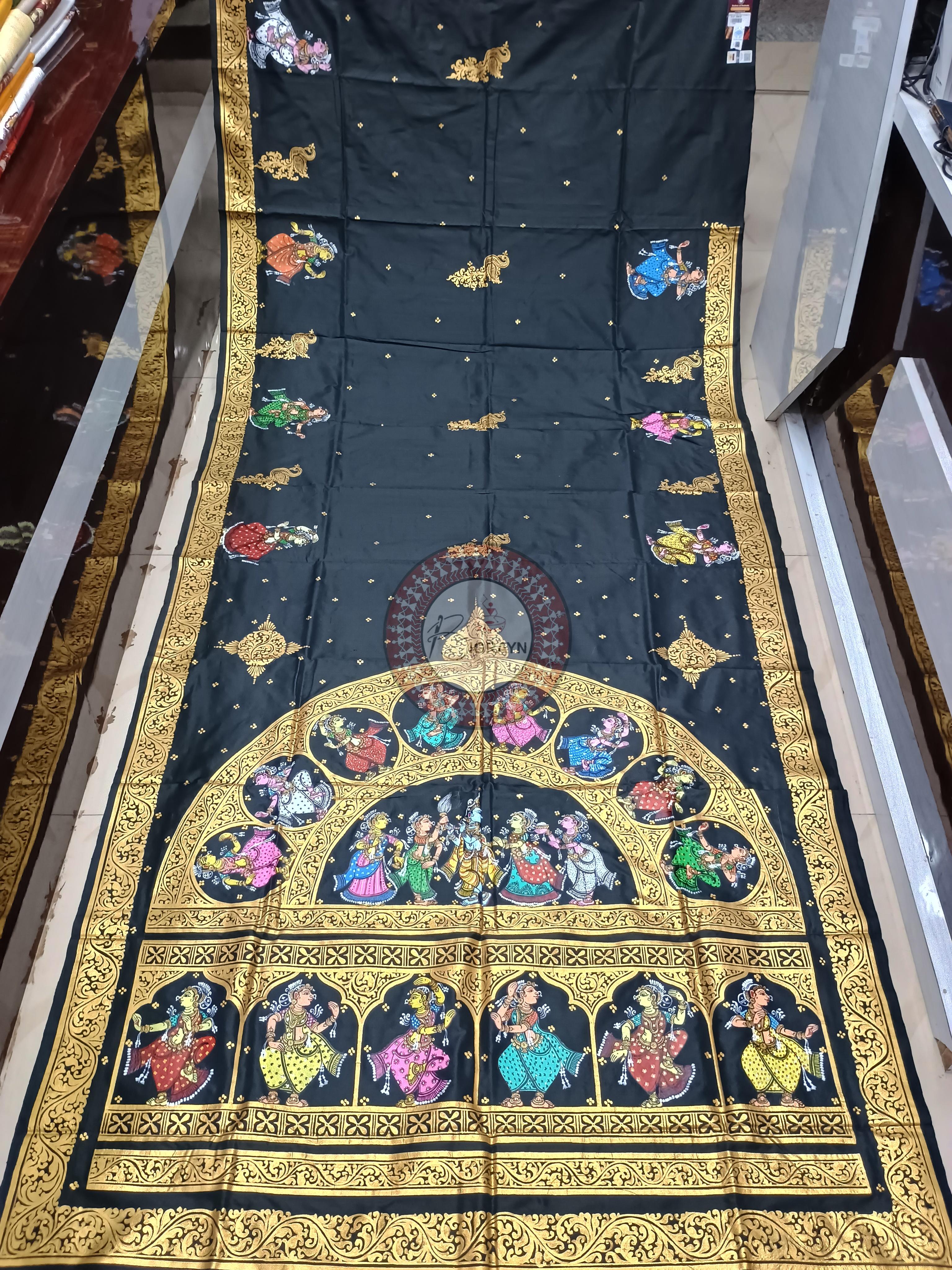 Black Ardha Chandra Theme Pattachitra Sambalpuri Silk Saree