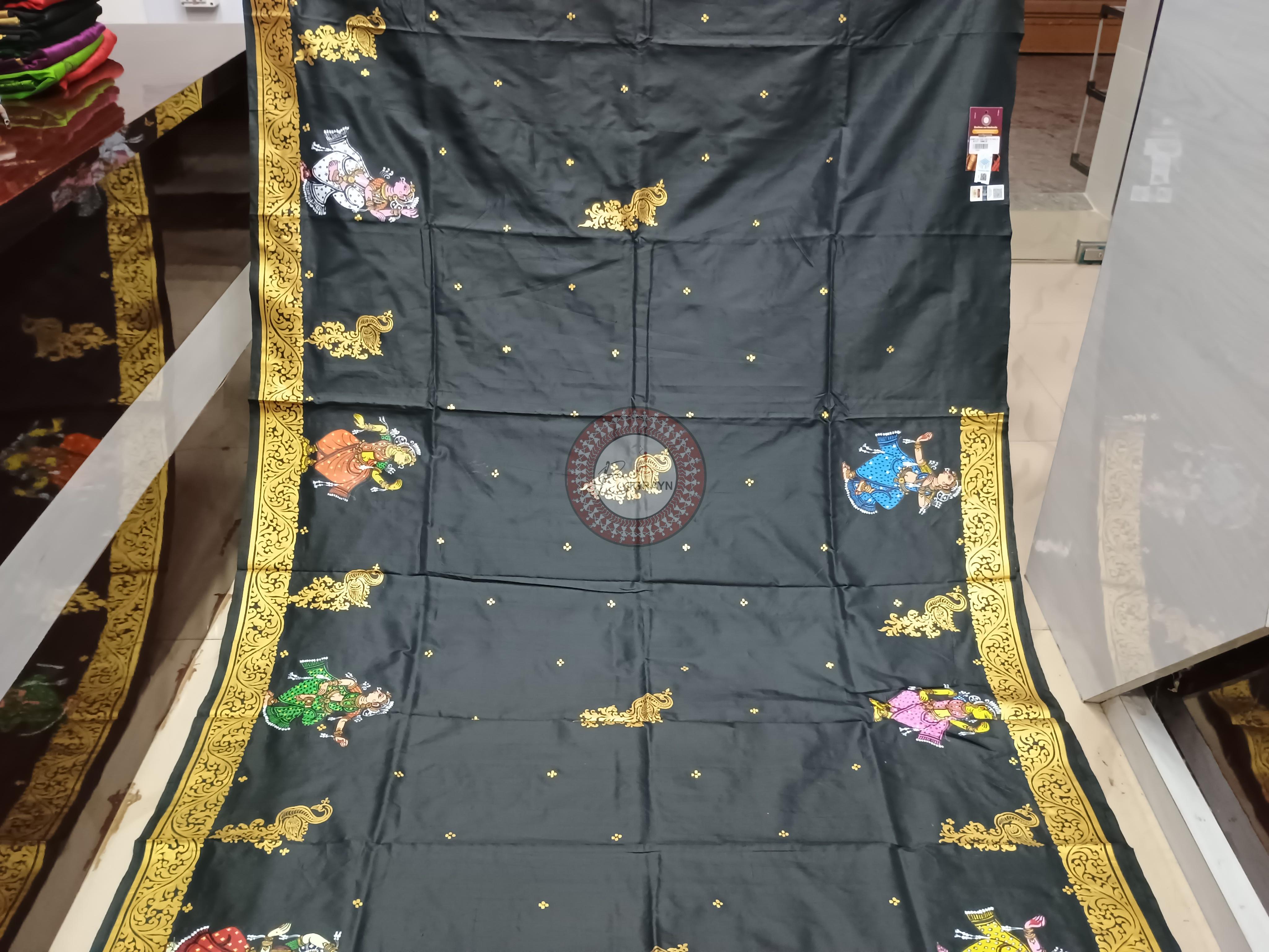 Black Ardha Chandra Theme Pattachitra Sambalpuri Silk Saree