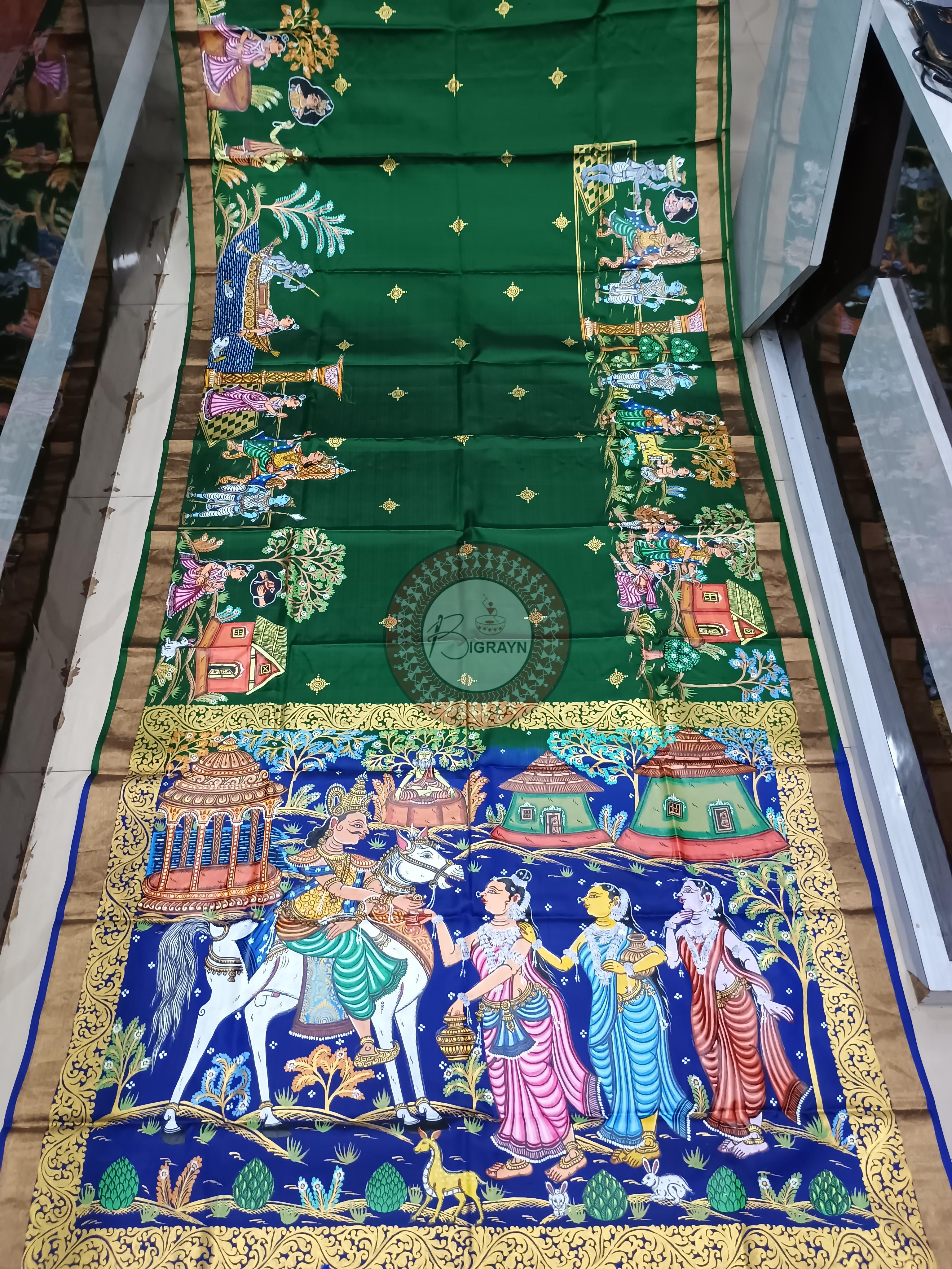 Green Blue Six Season Theme Pattachitra Kanjeeveram Silk Saree