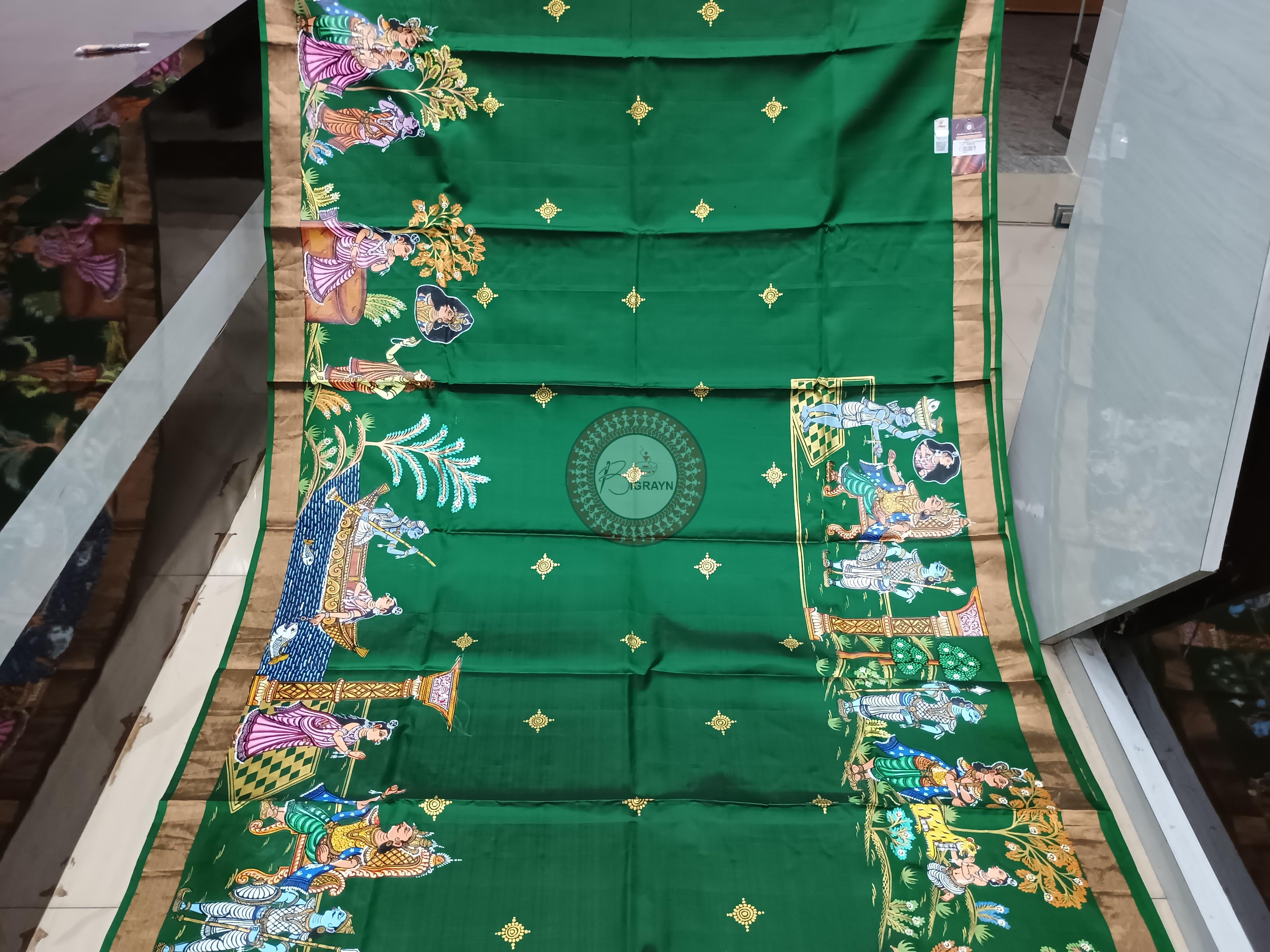 Green Blue Six Season Theme Pattachitra Kanjeeveram Silk Saree