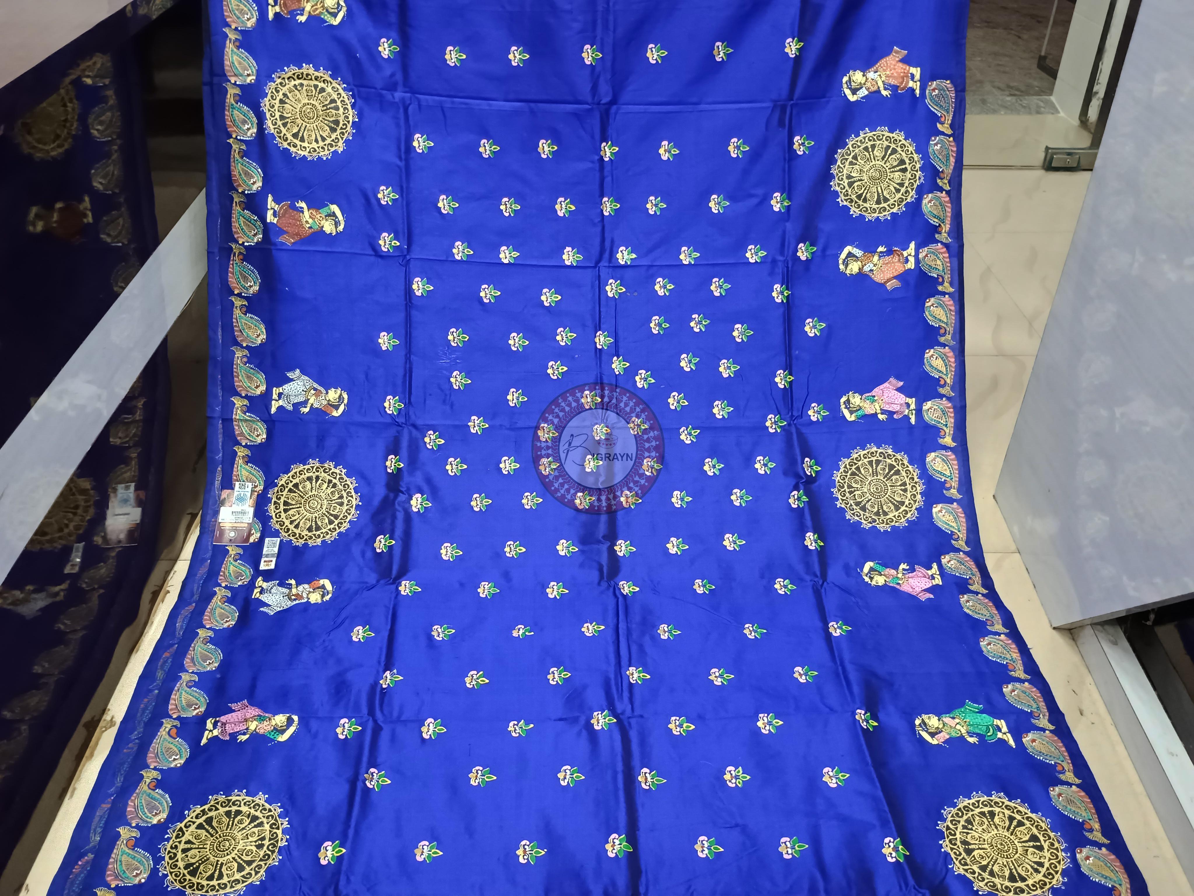 Blue Half Konark And Dancer Theme Pattachitra Sambalpuri Silk Saree