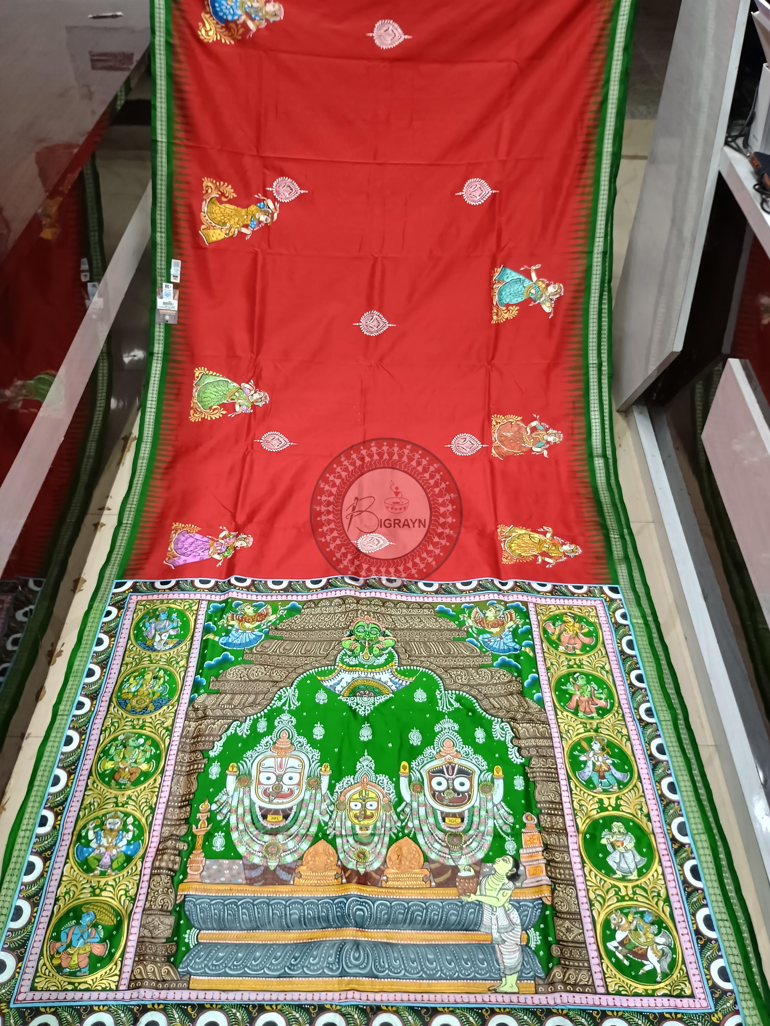 Red Green Dash Avatar Pattachitra Sambalpuri Silk Saree
