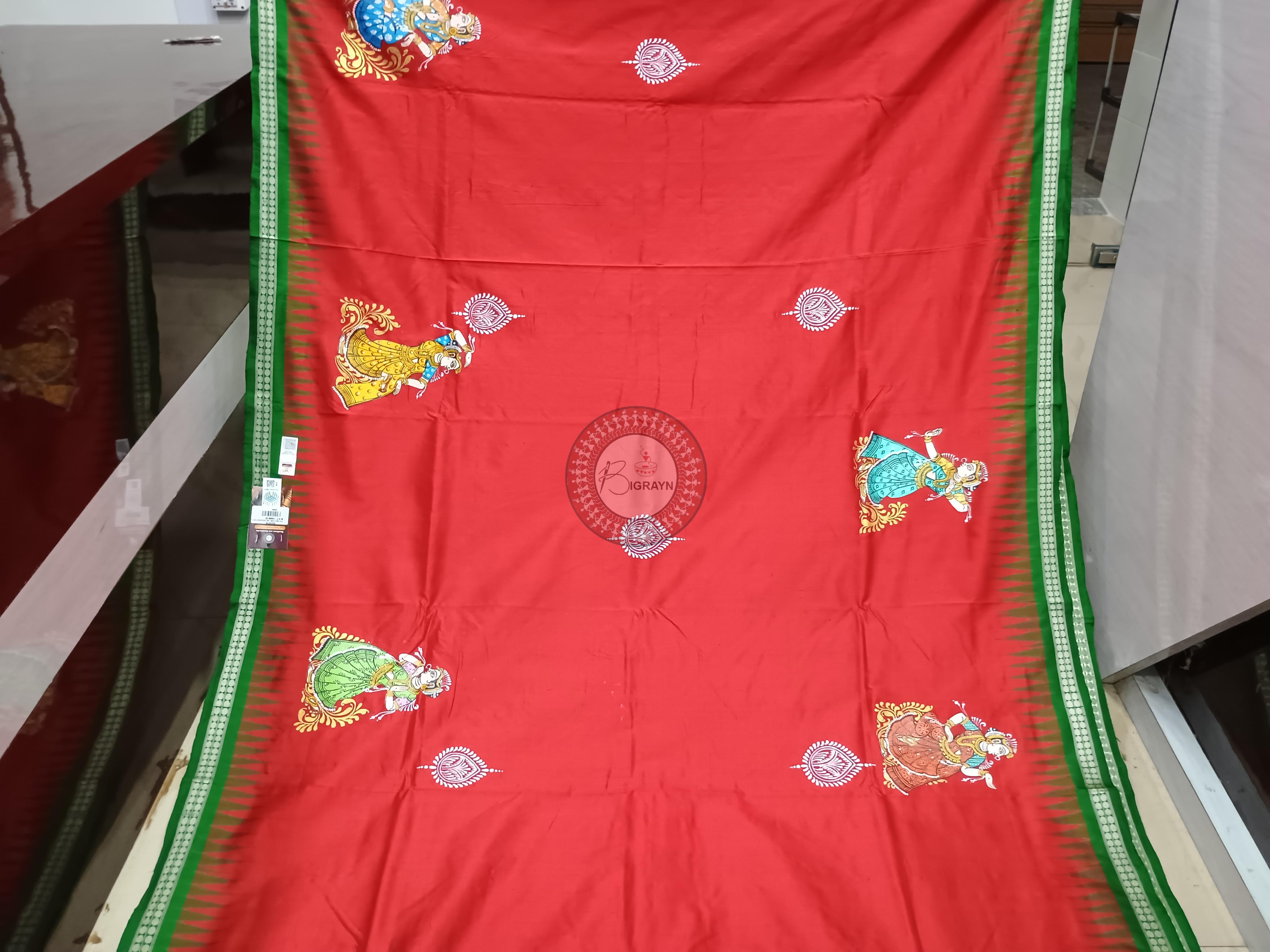 Red Green Dash Avatar Pattachitra Sambalpuri Silk Saree