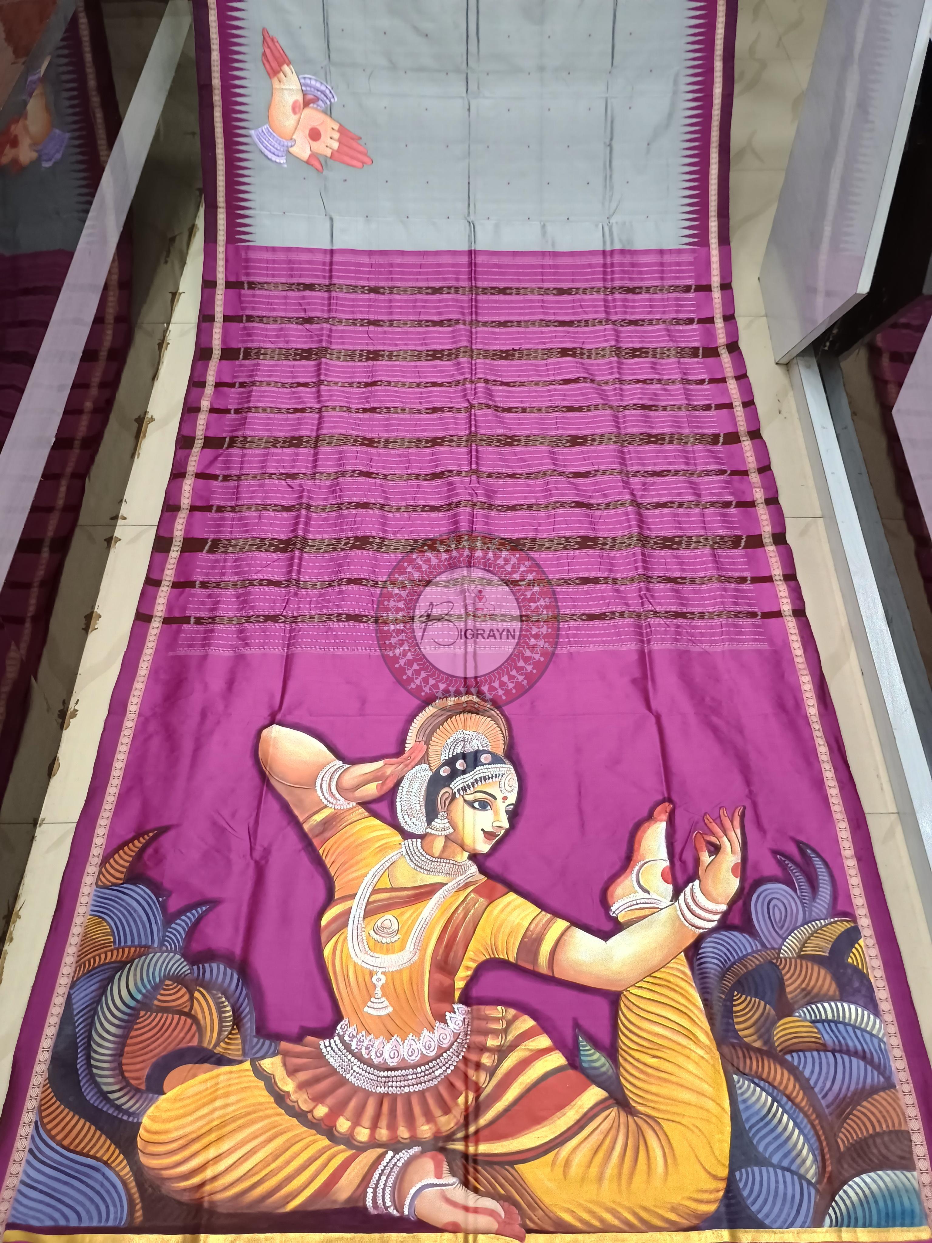 Grey Magenta Odishi Dancer Theme Pattachitra Sambalpuri Silk Saree