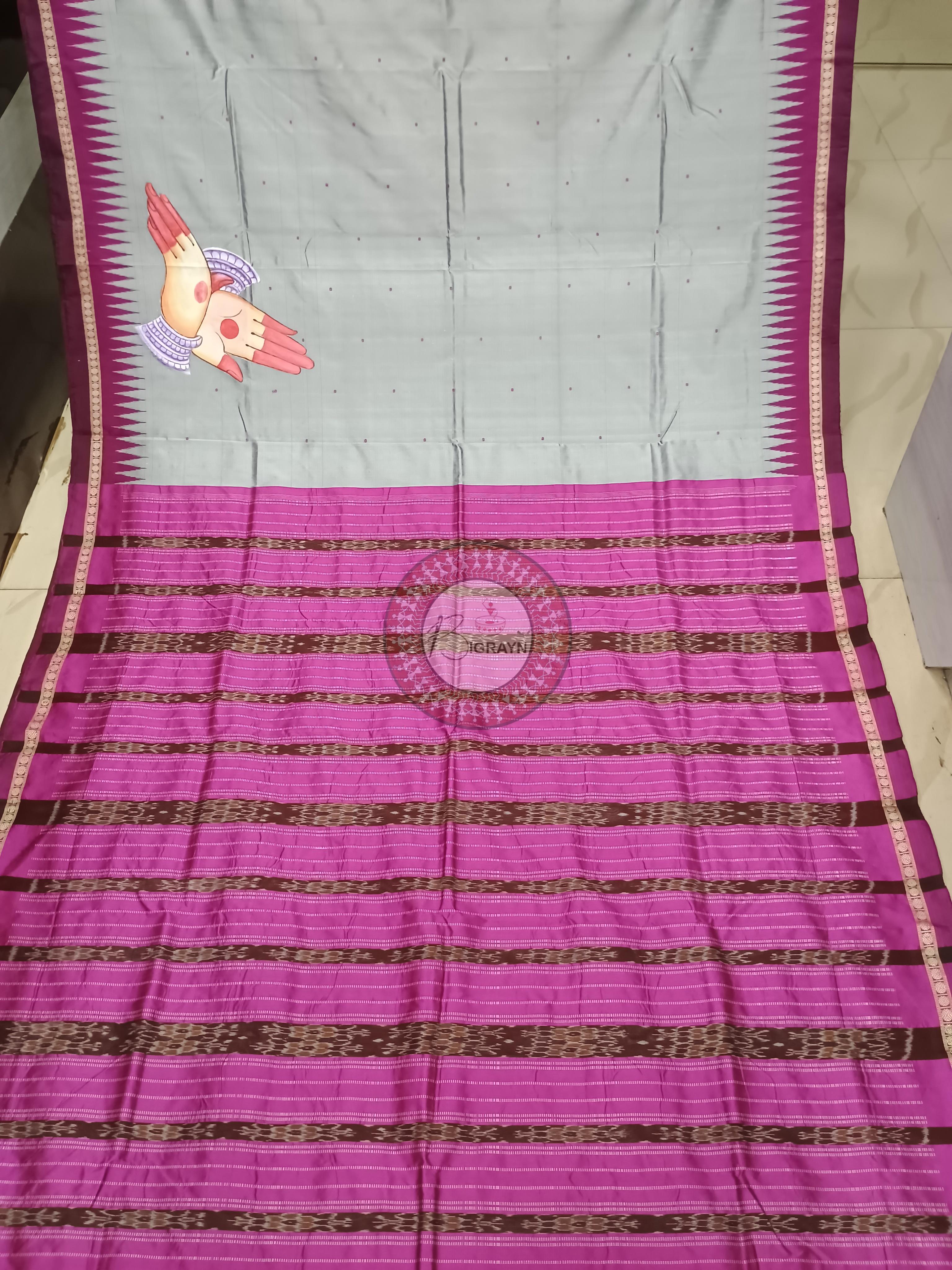 Grey Magenta Odishi Dancer Theme Pattachitra Sambalpuri Silk Saree