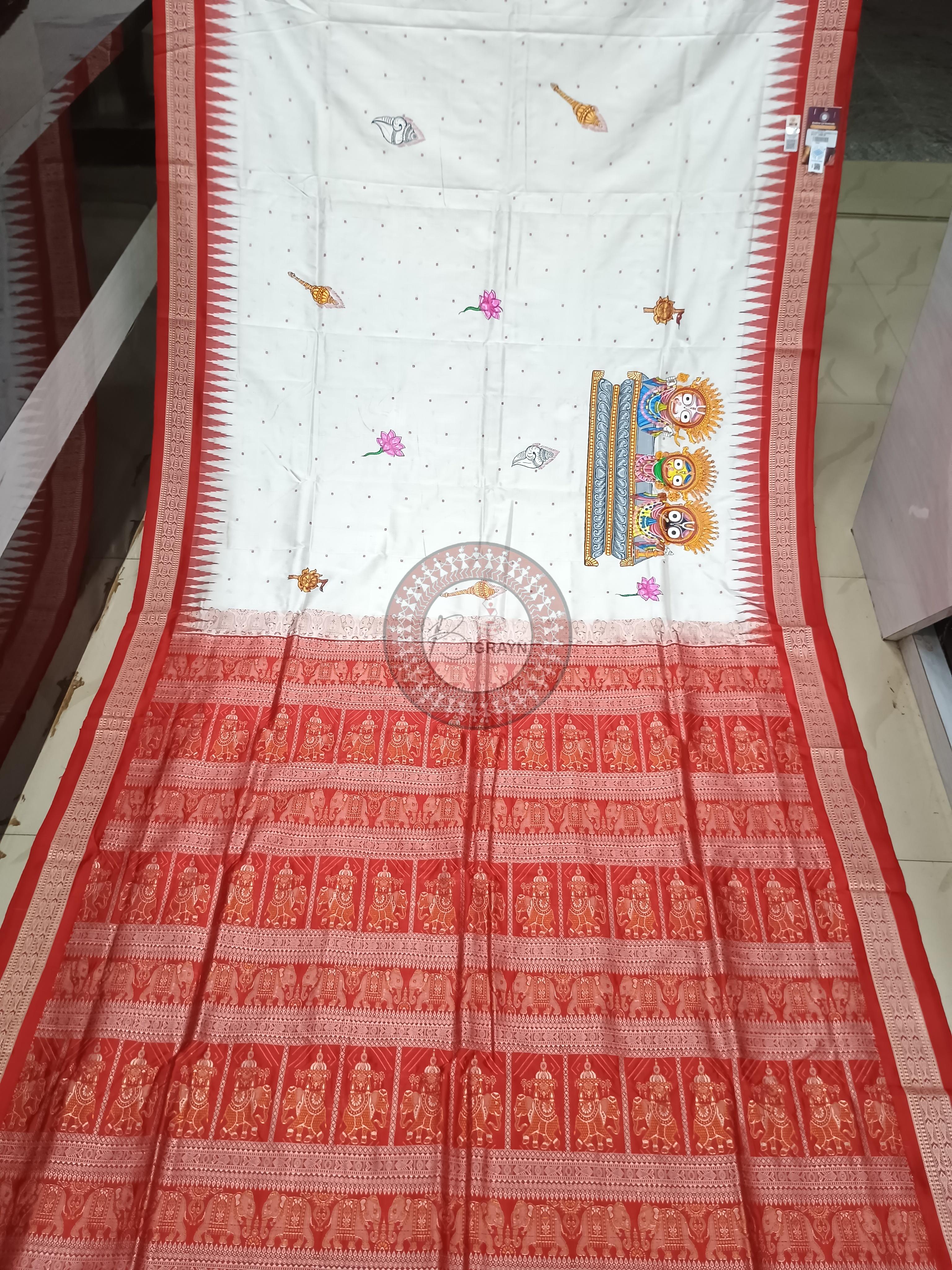 White Red Shoulder Jagannath Theme Pattachitra Sambalpuri Silk Saree