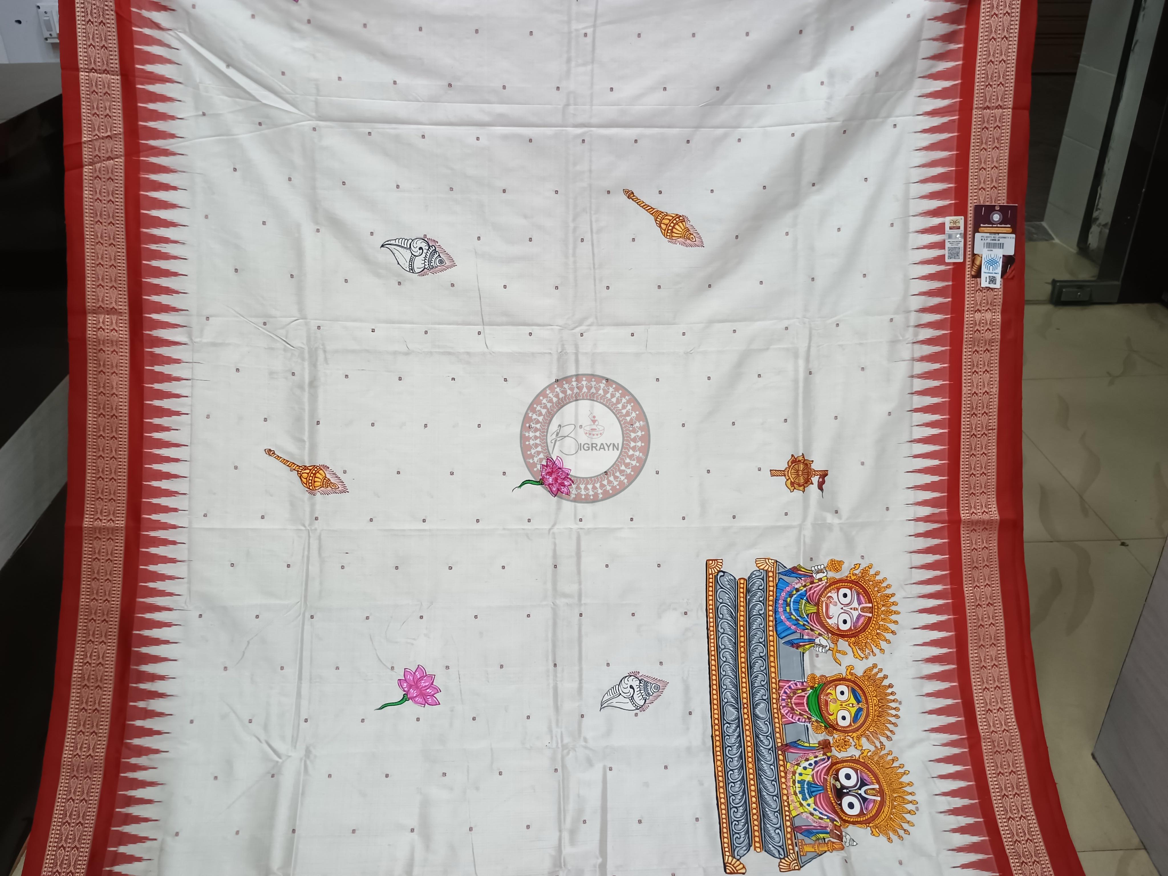 White Red Shoulder Jagannath Theme Pattachitra Sambalpuri Silk Saree