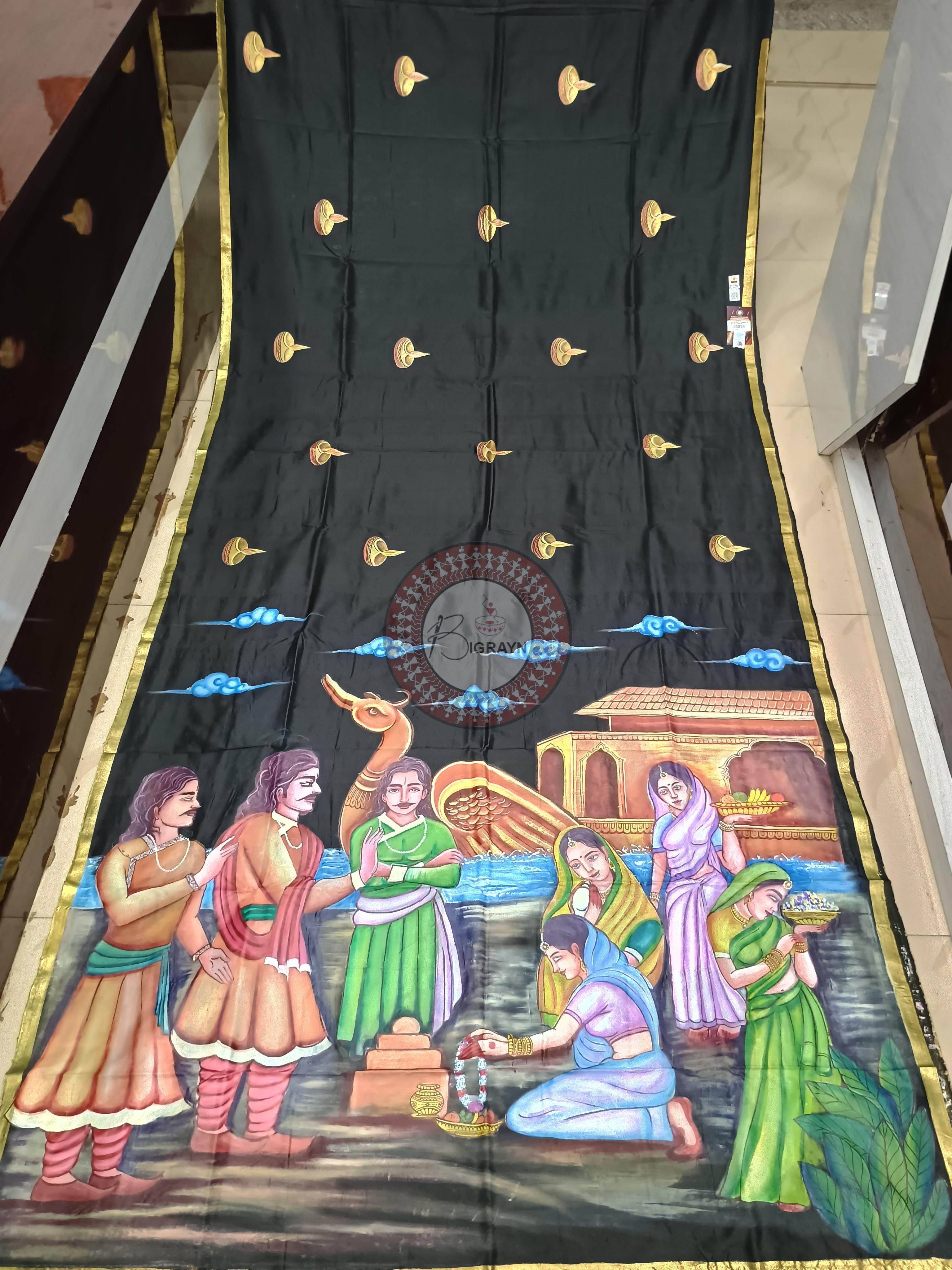 Black Kartika Purnima Theme Pattachitra Sambalpuri Silk Saree