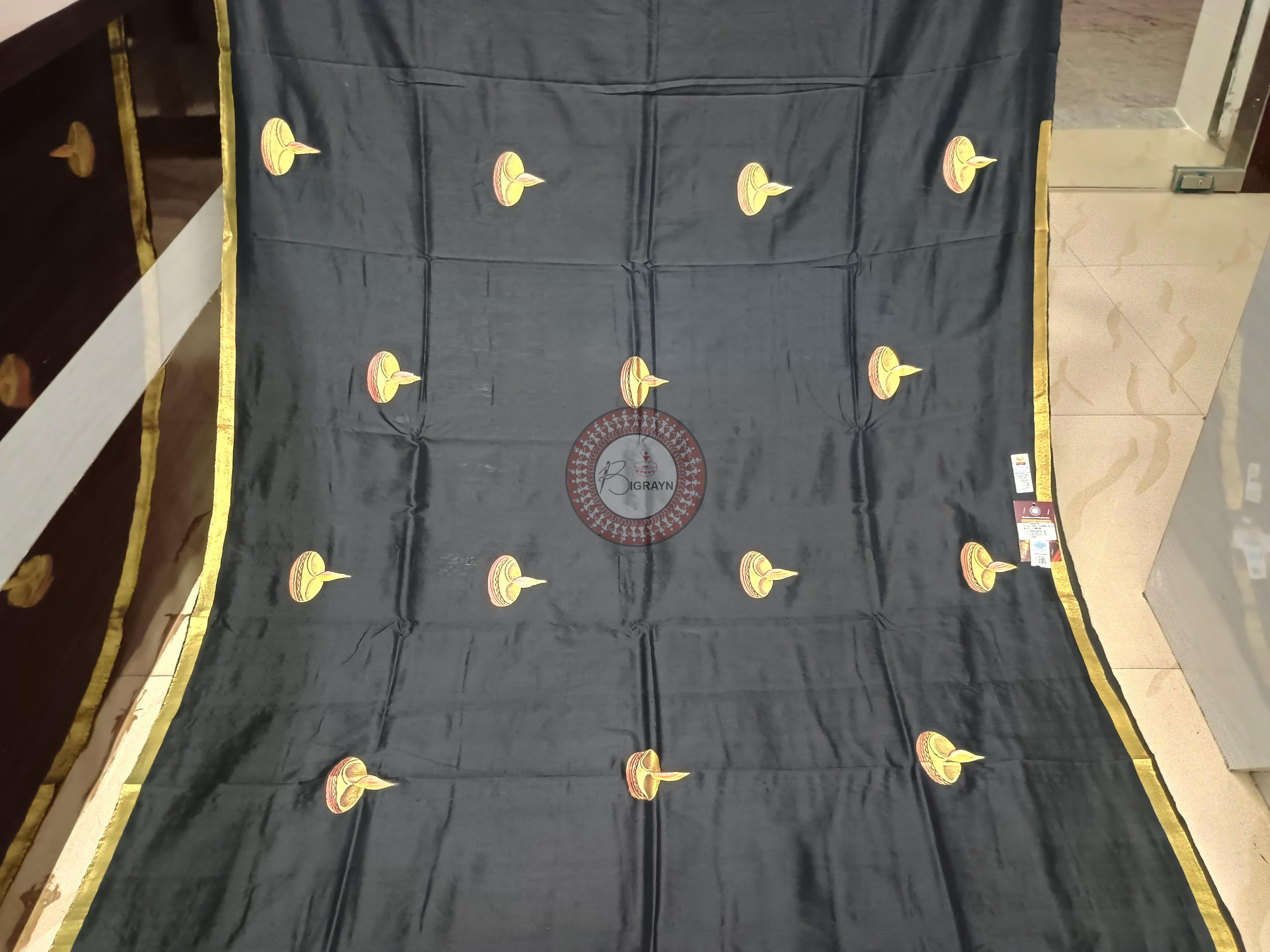 Black Kartika Purnima Theme Pattachitra Sambalpuri Silk Saree