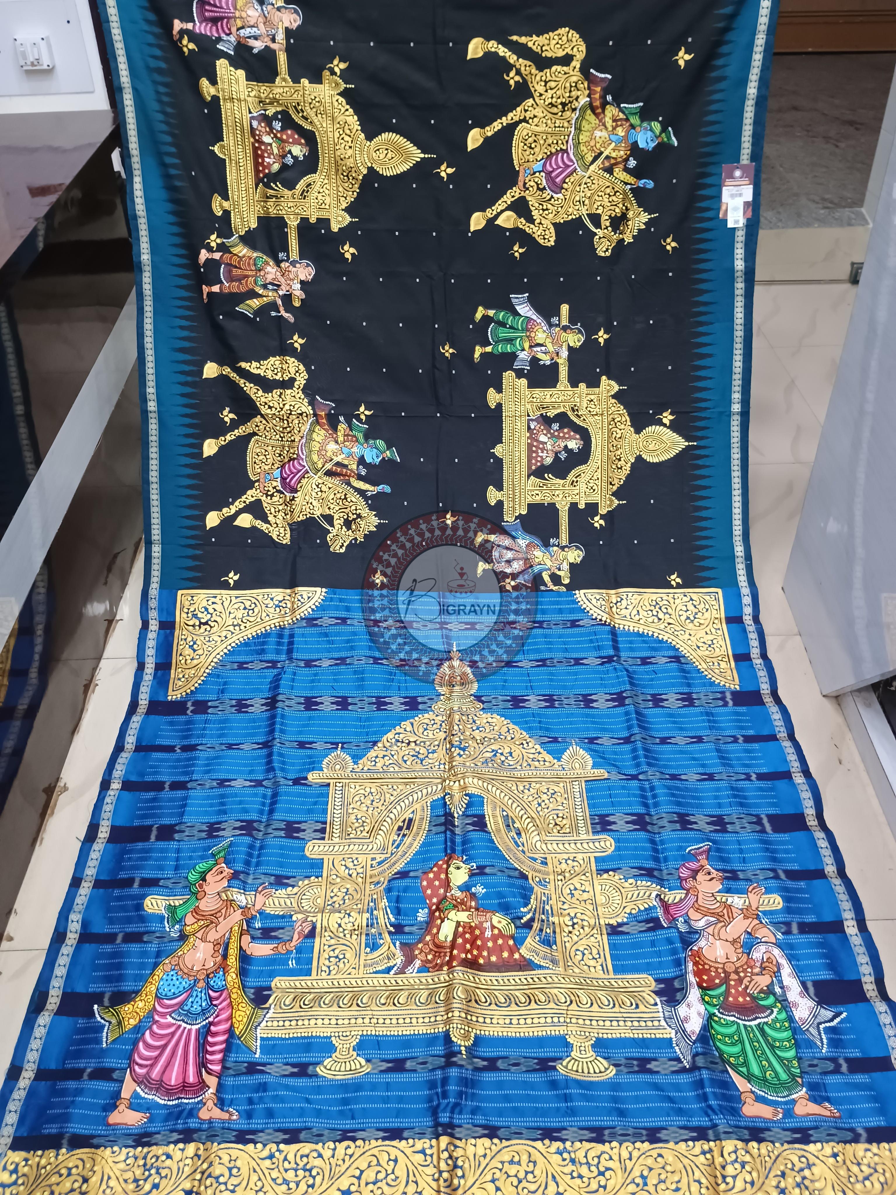 Black Teal Blue Marriage Theme Pattachitra Sambalpuri Silk Saree