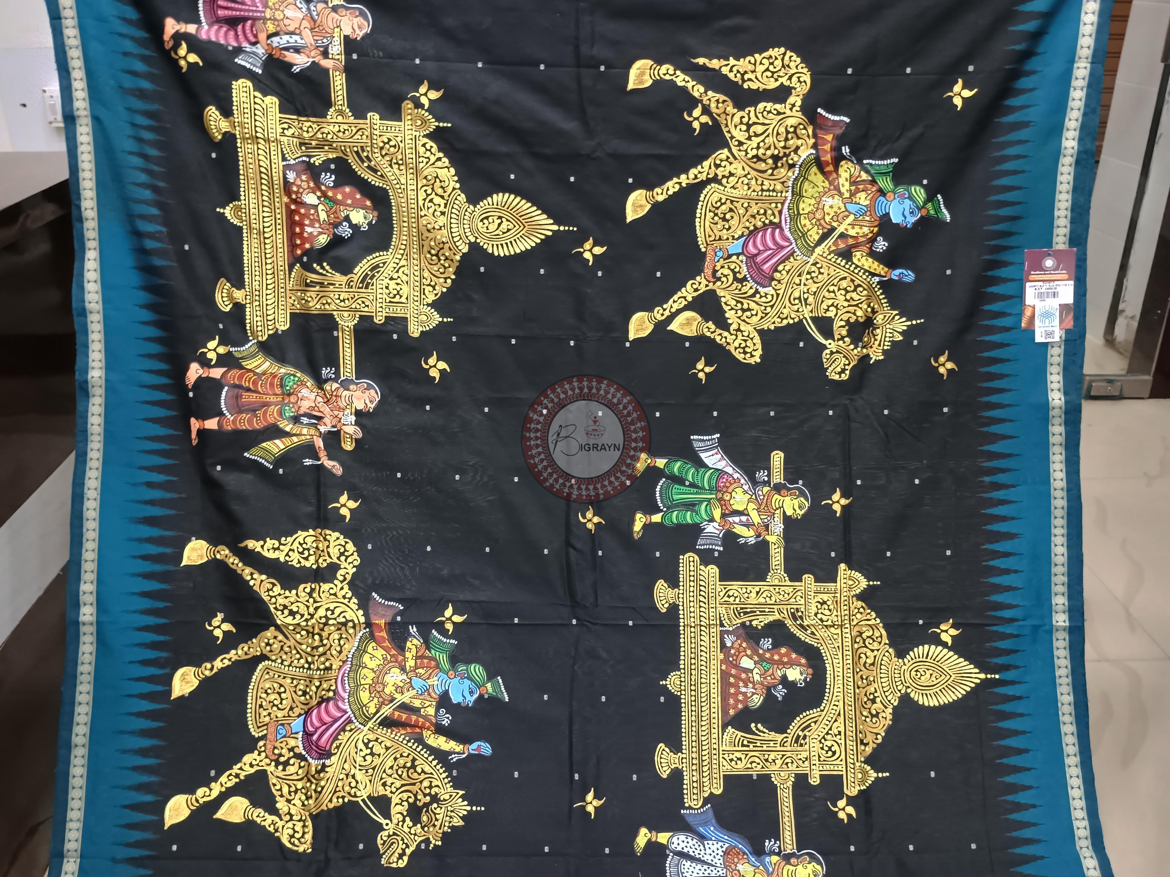 Black Teal Blue Marriage Theme Pattachitra Sambalpuri Silk Saree