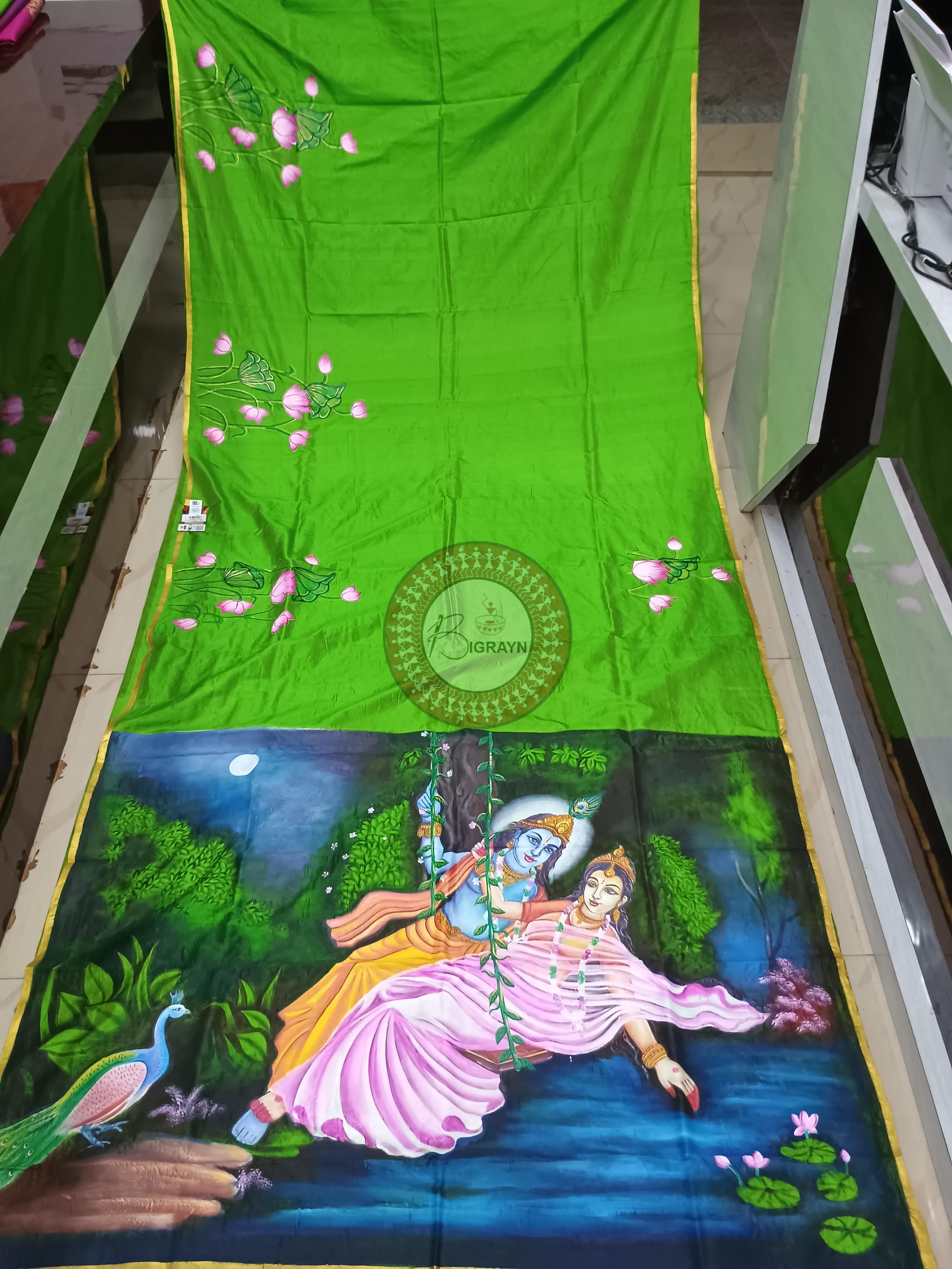 Parrot Green Radha Krishna Doli Theme Pattachitra Sambalpuri Silk Saree