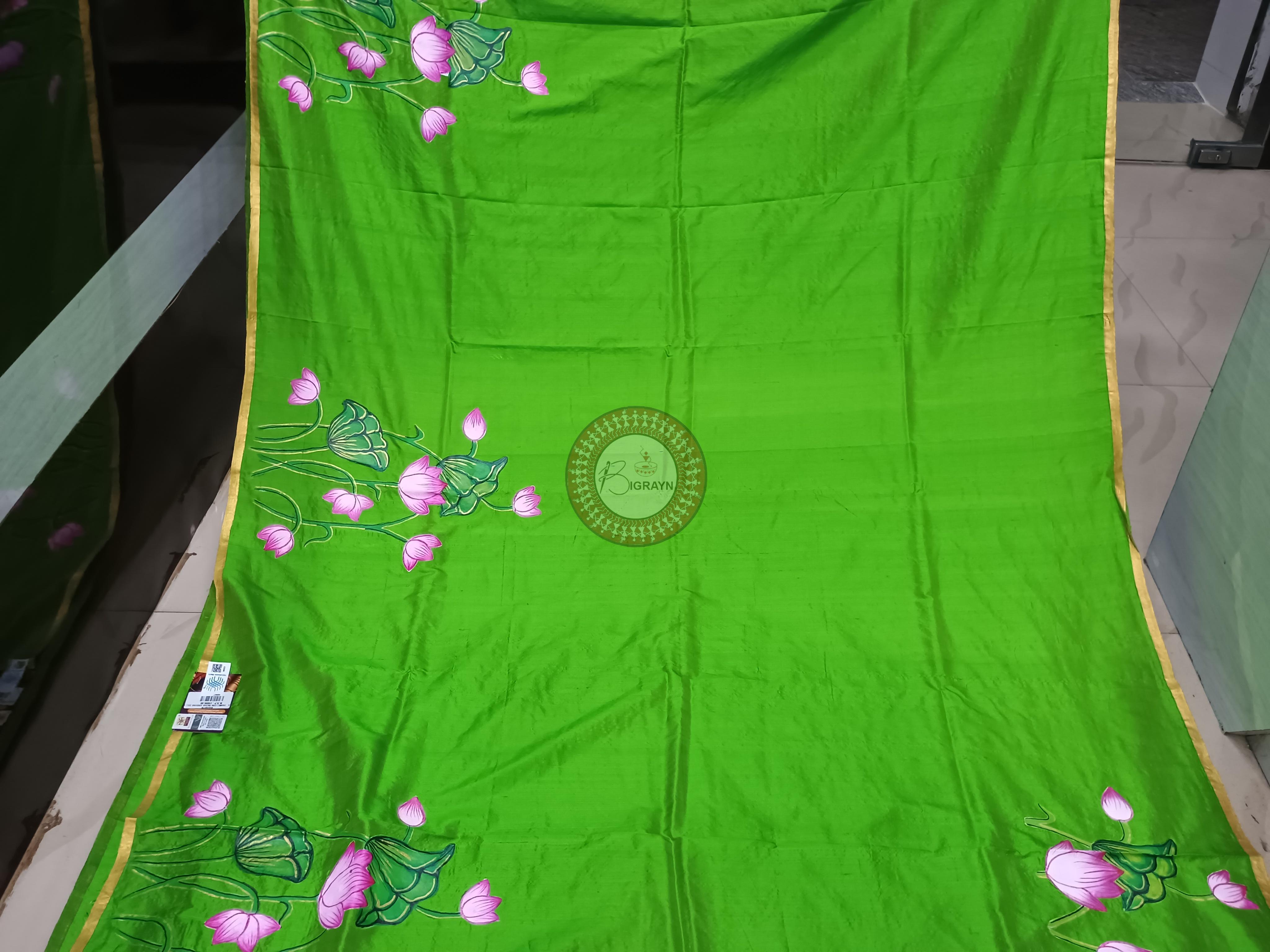 Parrot Green Radha Krishna Doli Theme Pattachitra Sambalpuri Silk Saree