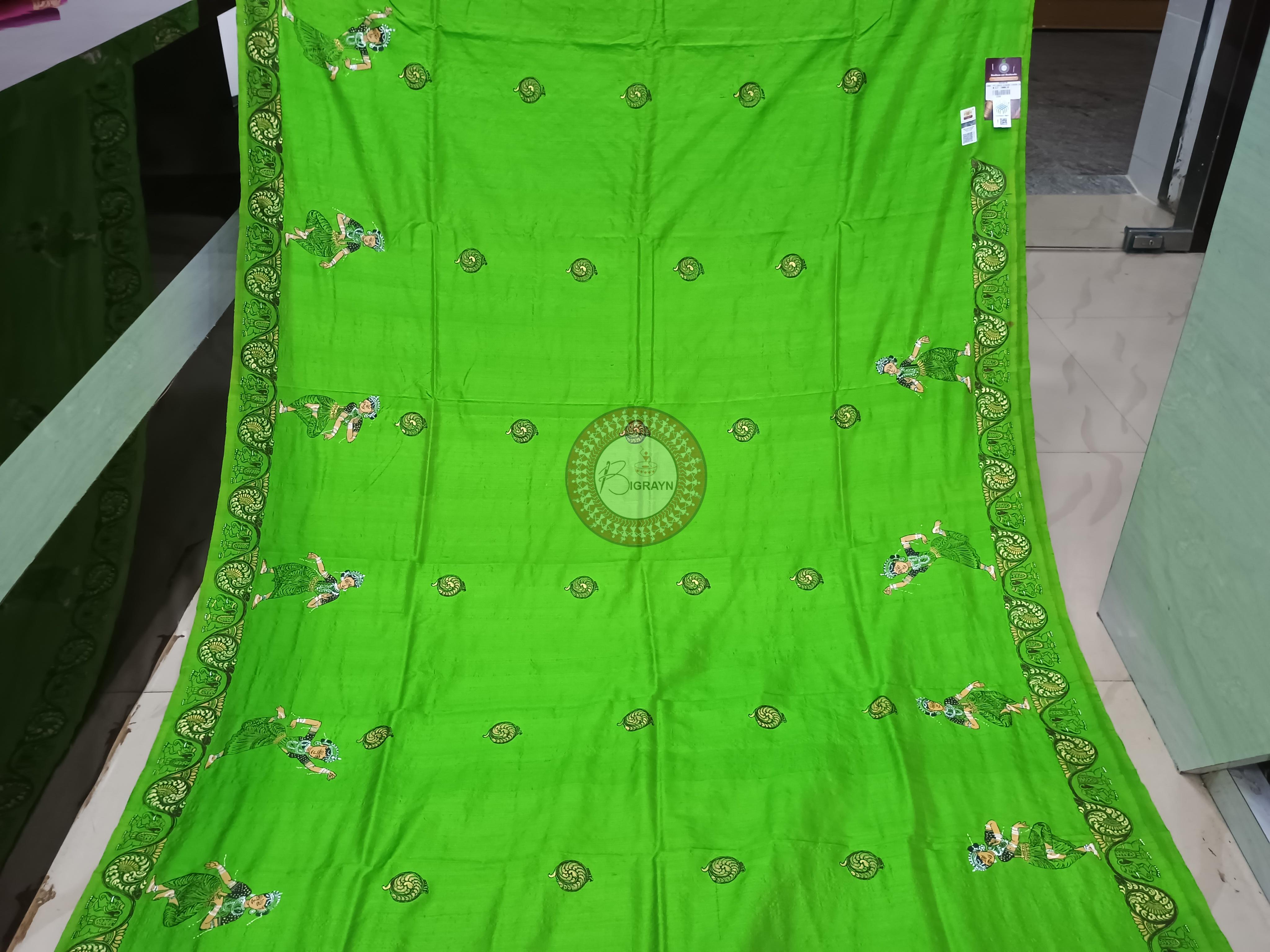 Parrot Green Konark Chakra And Dancer Theme Pattachitra Sambalpuri Silk Saree