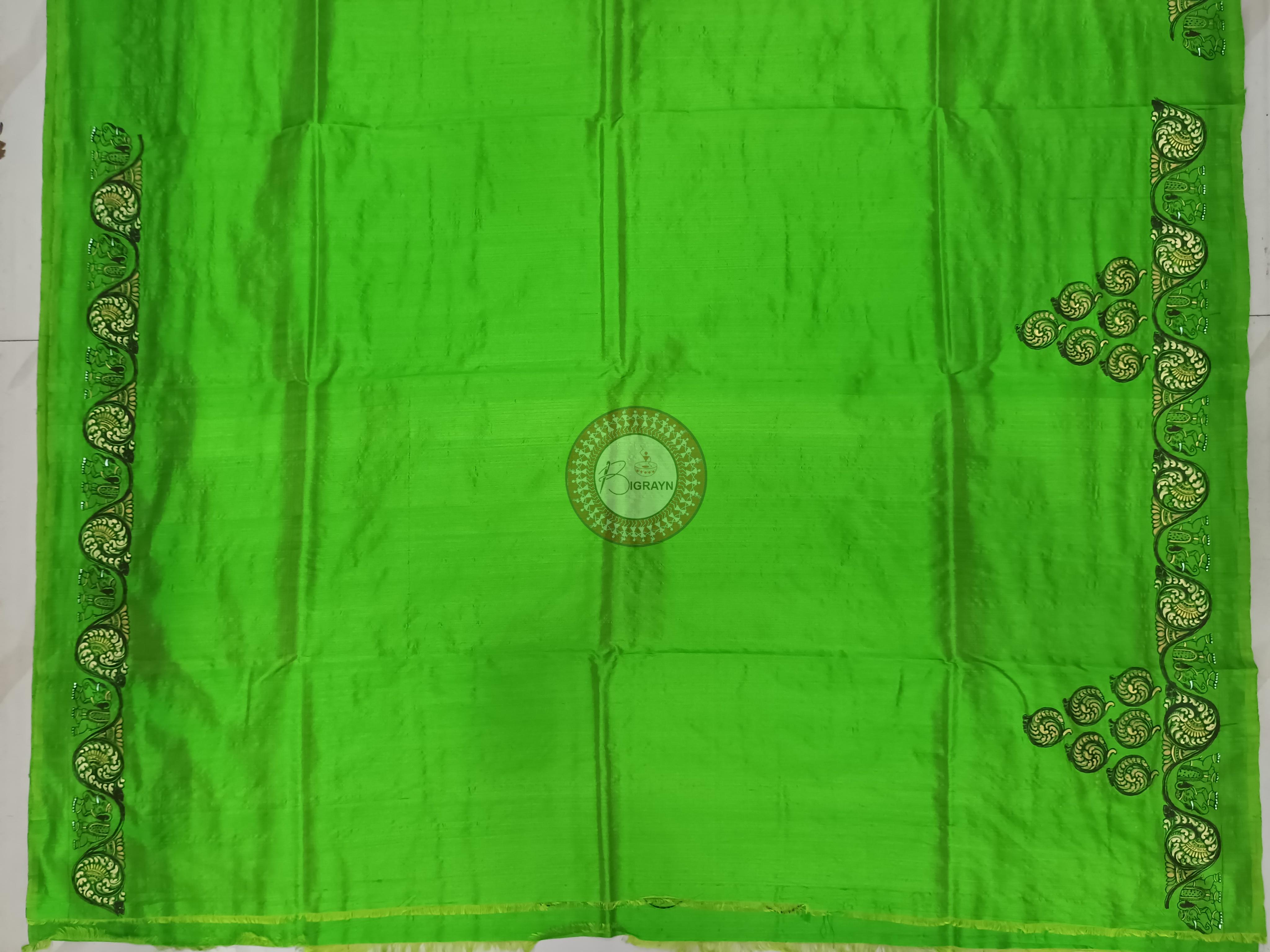 Parrot Green Konark Chakra And Dancer Theme Pattachitra Sambalpuri Silk Saree