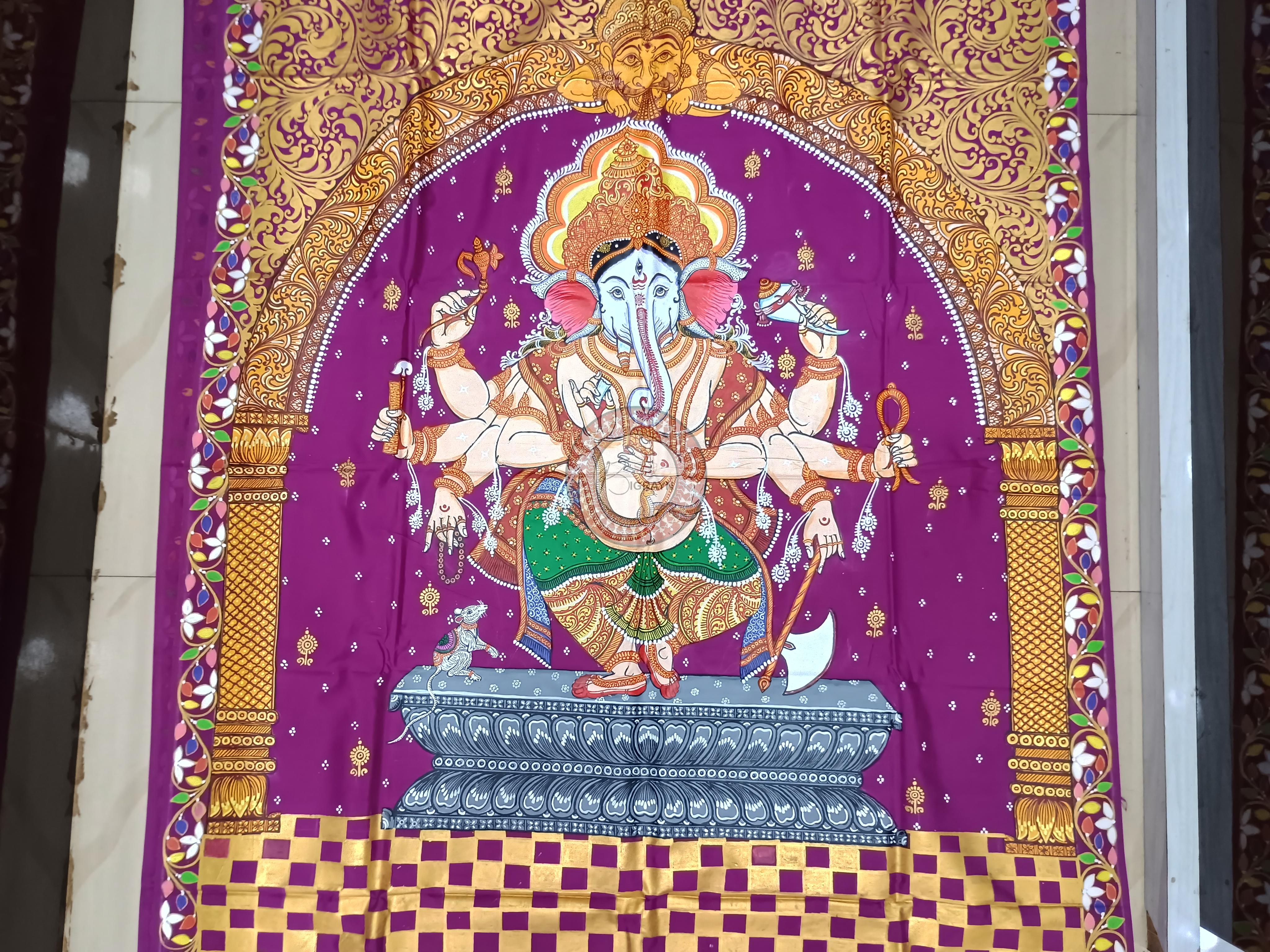 Magenta Ganesh Theme Pattachitra Khadi Silk Saree