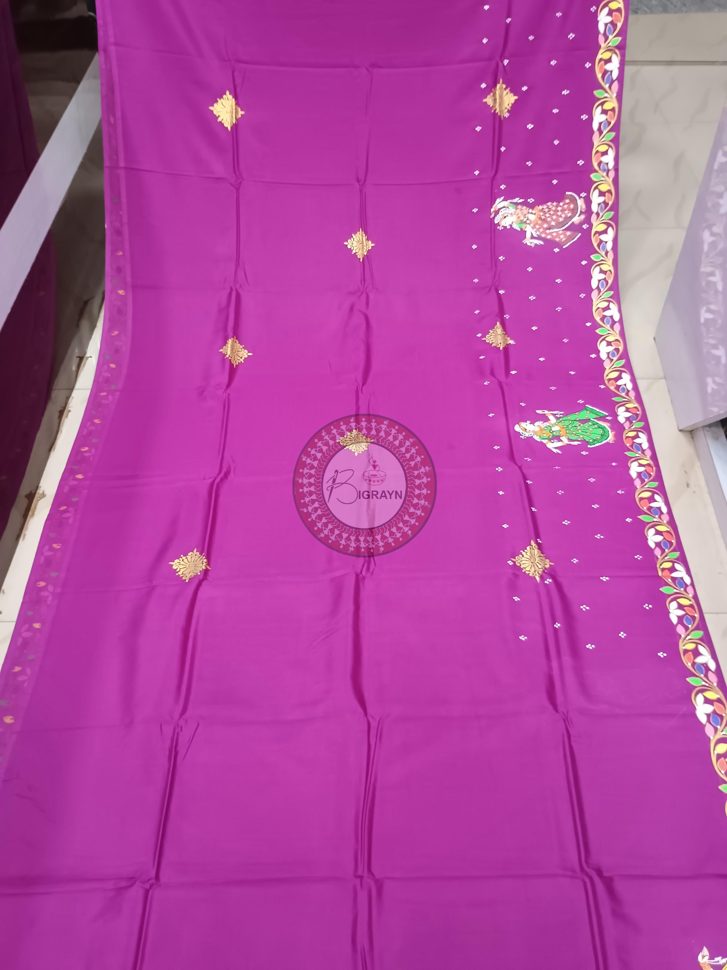 Magenta Ganesh Theme Pattachitra Khadi Silk Saree