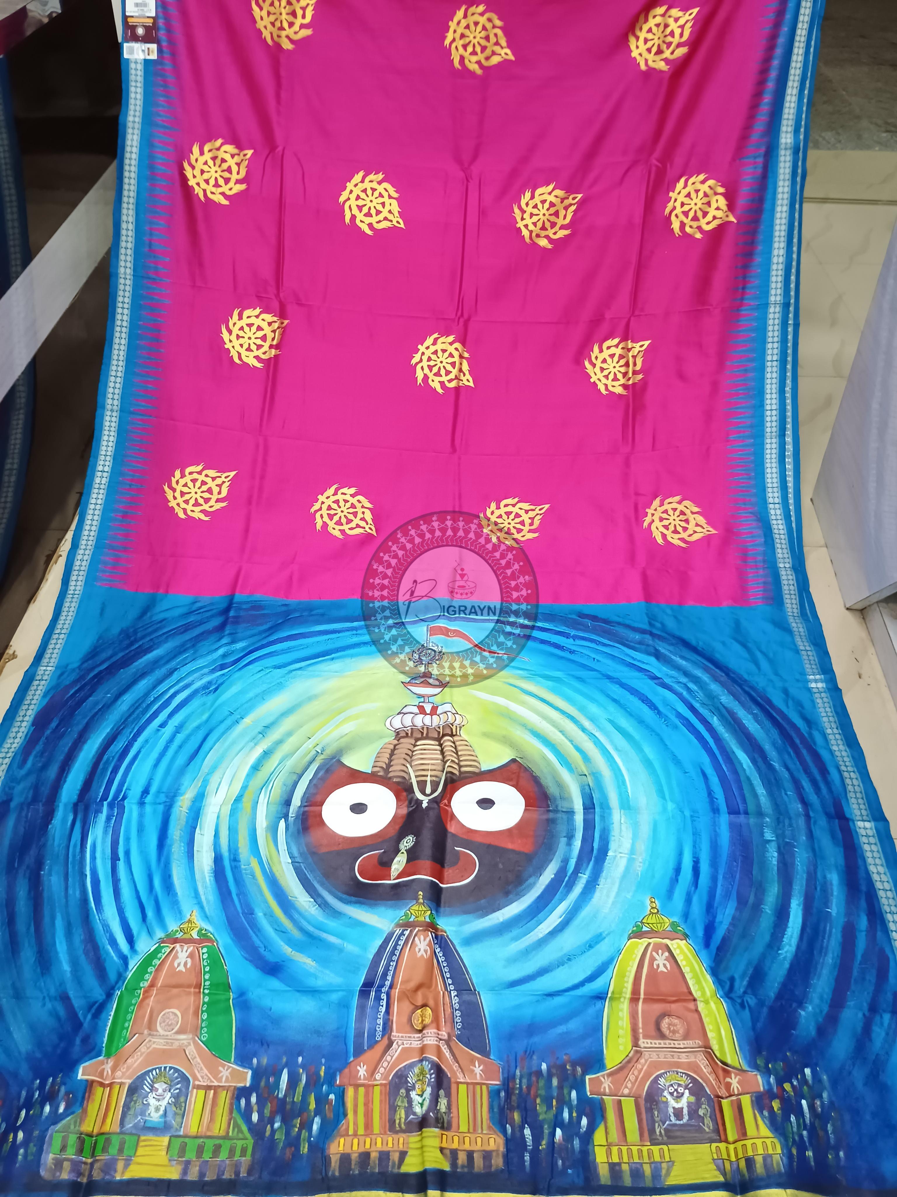 Magenta Copper Sulphate Ratha Yatra Theme Pattachitra Sambalpuri Silk Saree