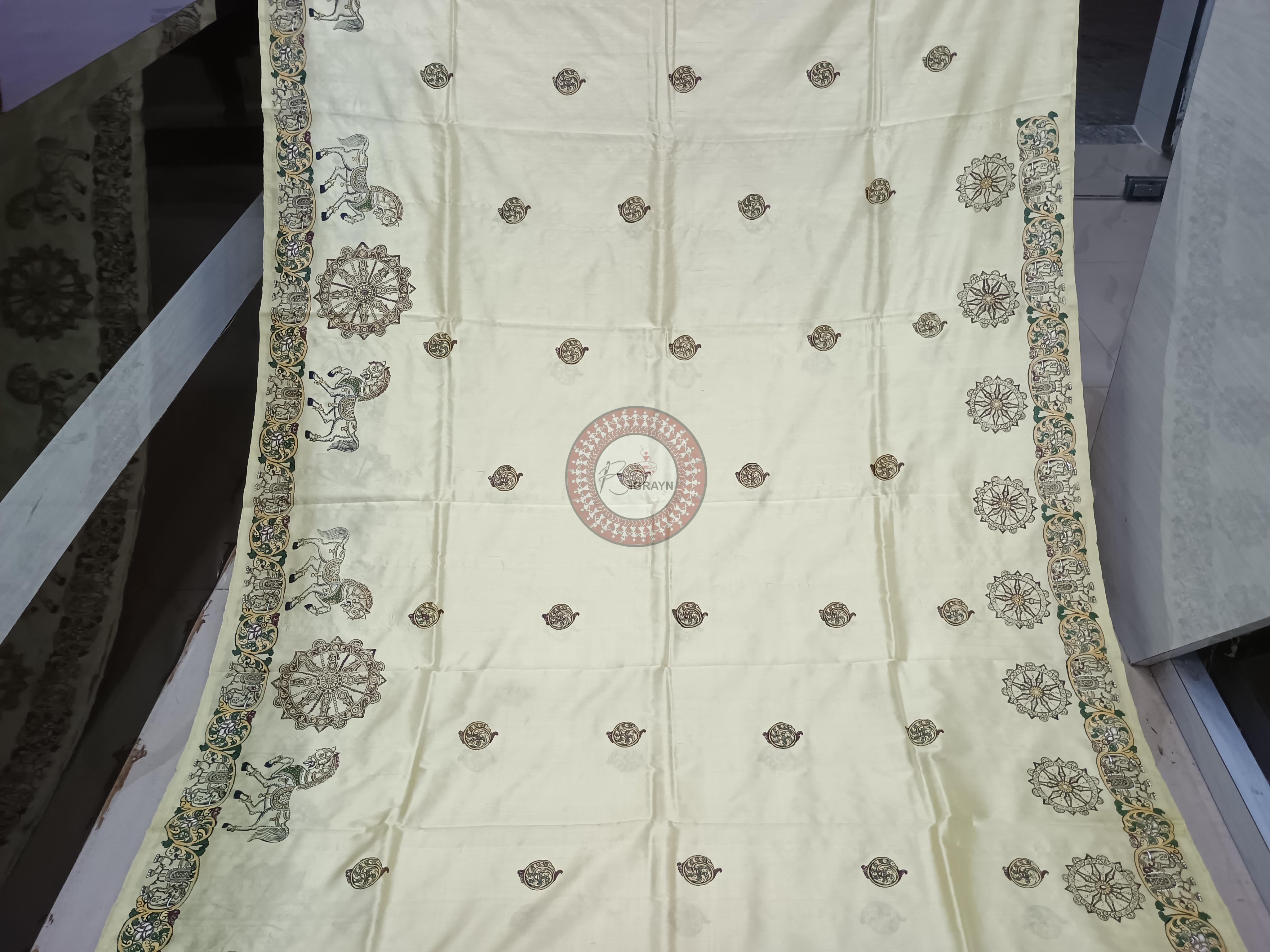 Creame Horse And Konark Wheel Theme Pattachitra Sambalpuri Silk Saree