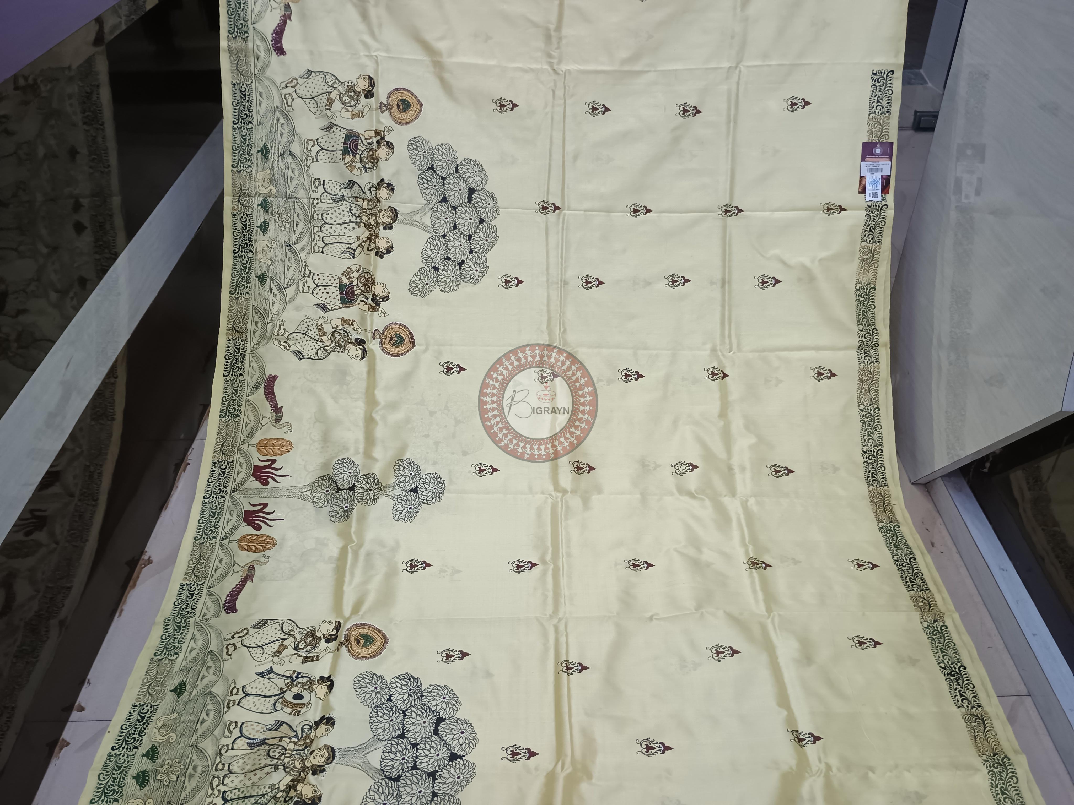 Creame Ponds And Dancer Theme Pattachitra Sambalpuri Silk Saree