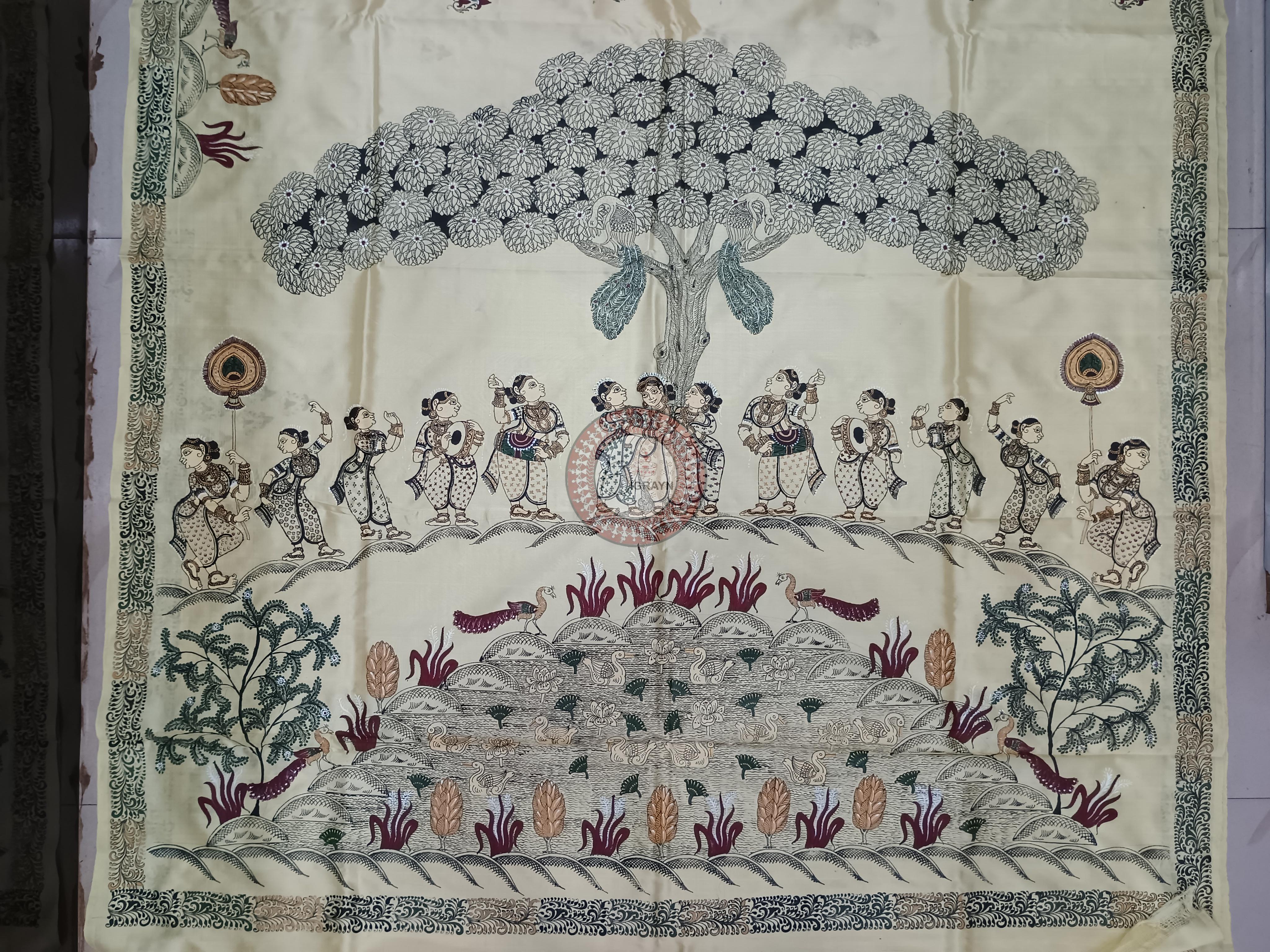 Creame Ponds And Dancer Theme Pattachitra Sambalpuri Silk Saree