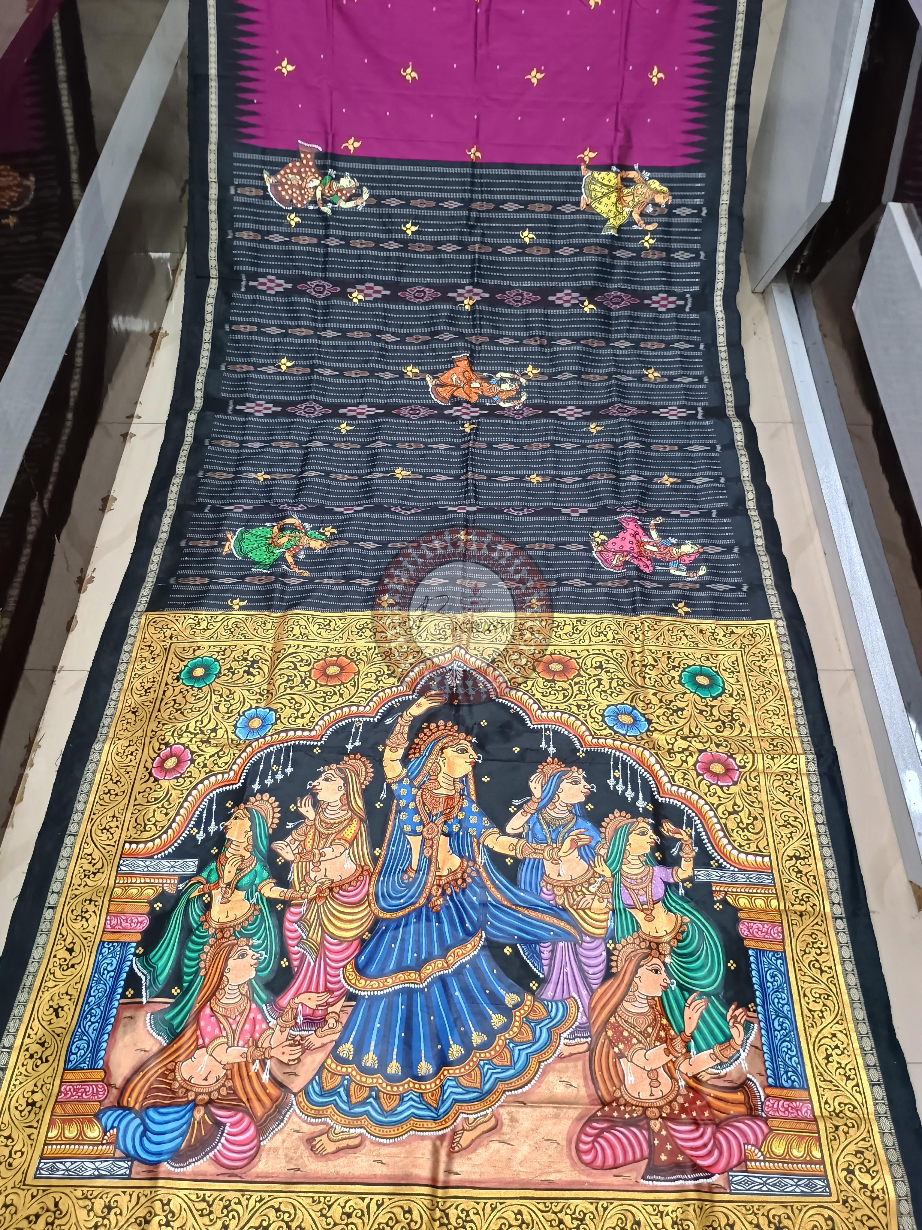 Magenta Black Rajastani Dancer Theme Pattachitra Sambalpuri Silk Saree